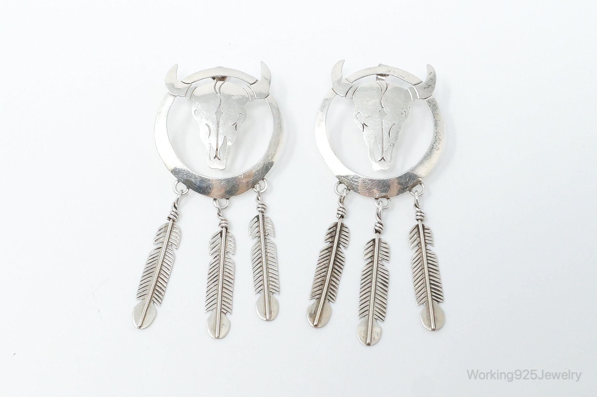 Vintage Native American WS Skull Dream Catcher Sterling Silver Earrings