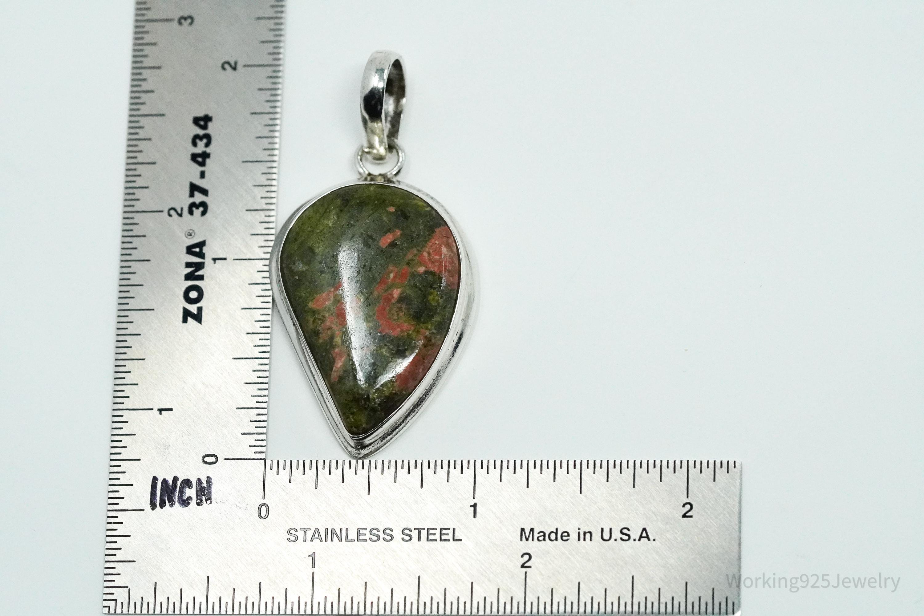 Vintage Large Unakite Sterling Silver Necklace Pendant