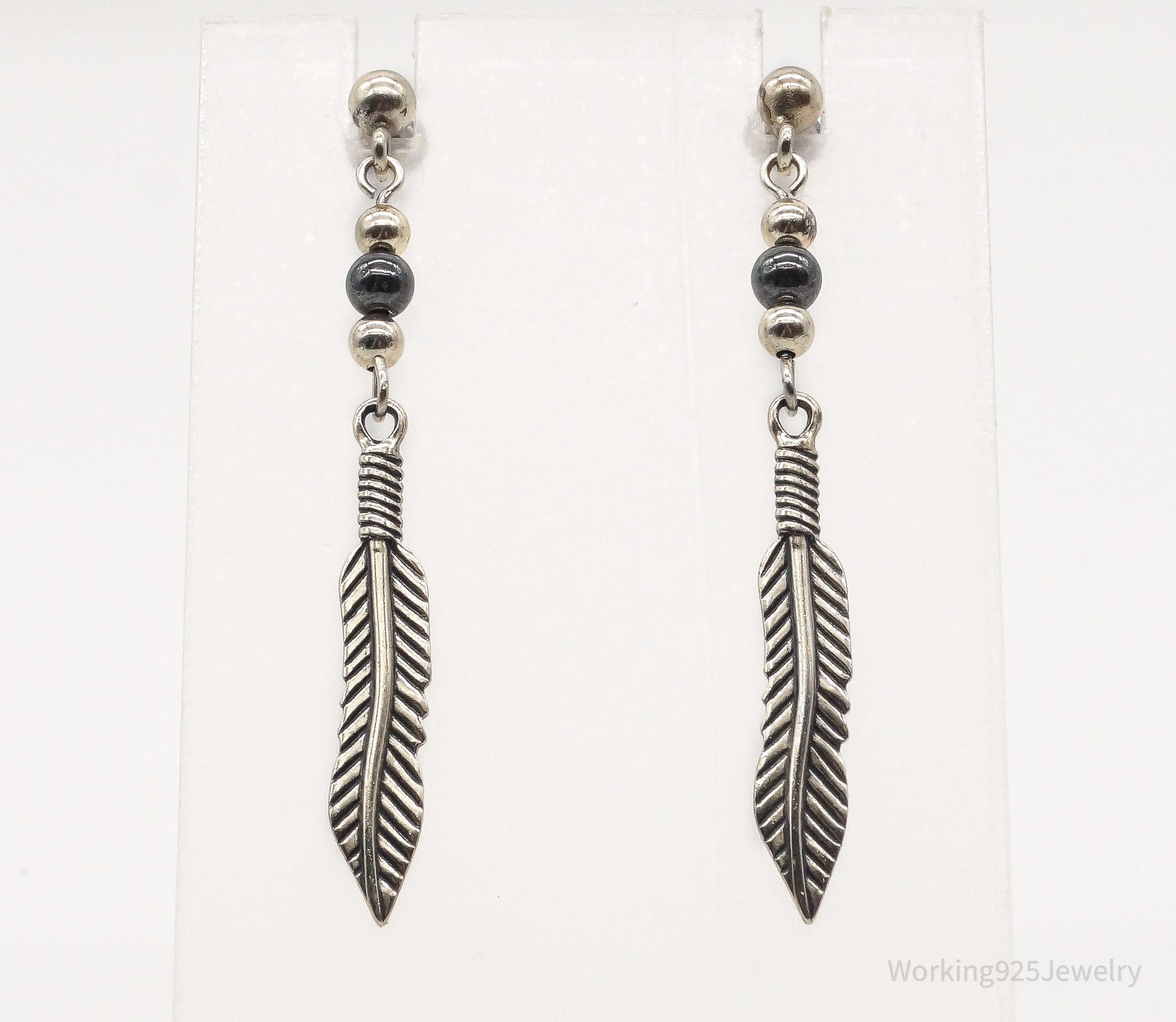 Vintage WM Co Hematite Feather Sterling Silver Earrings