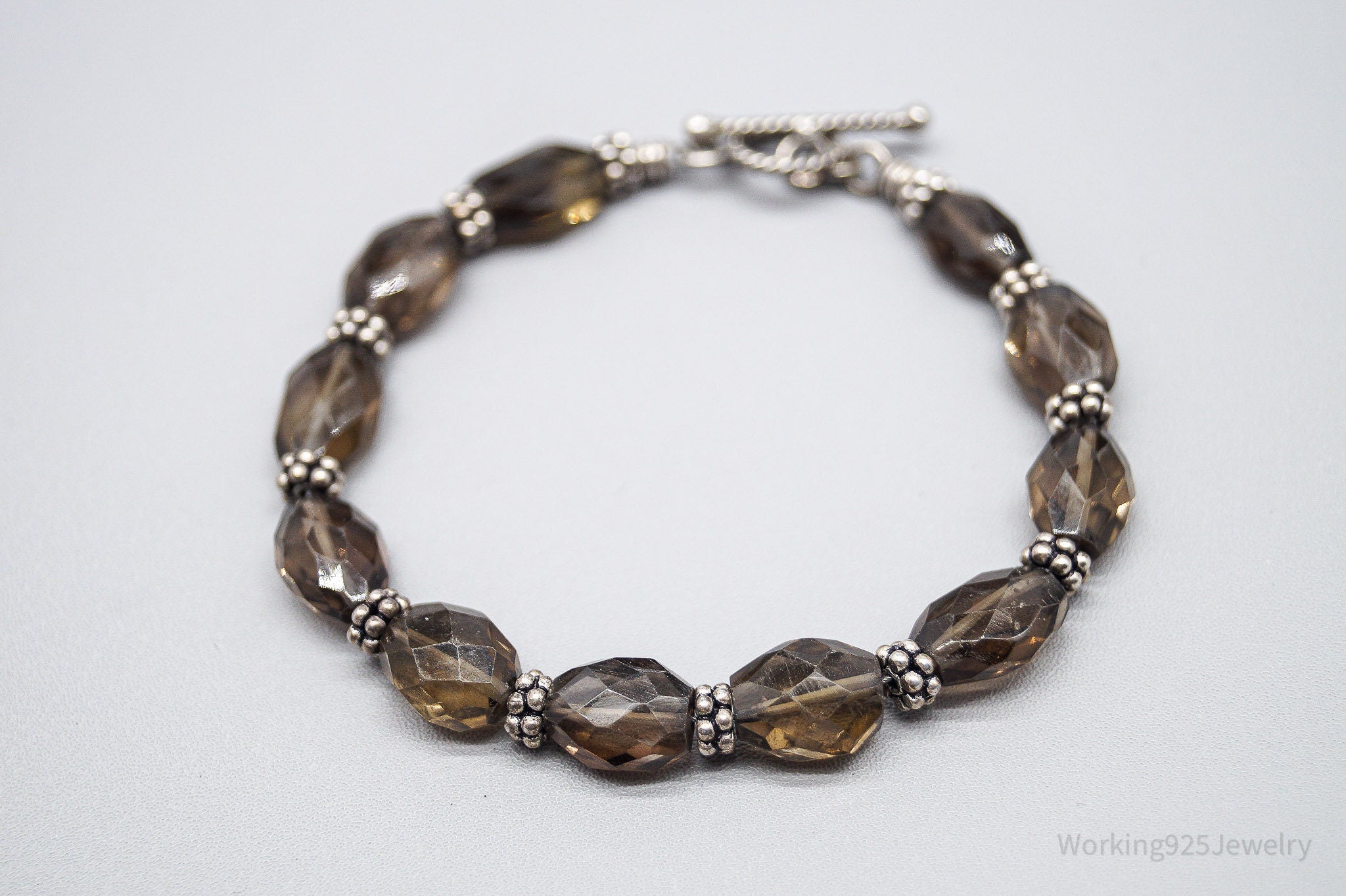 Vintage Smoky Topaz Bead Silver Toggle Bracelet - 7.5"
