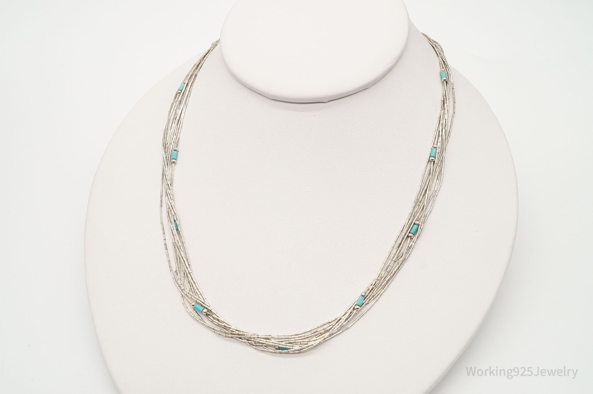 Vintage Native American Blue Turquoise Sterling Silver Bead Necklace 22"