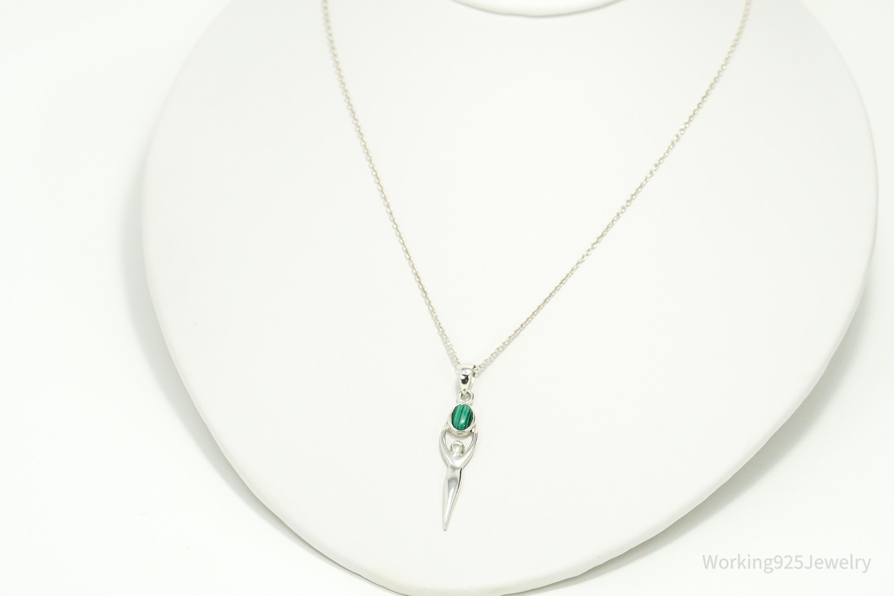 Vintage Malachite Goddess Sterling Silver Necklace 16"