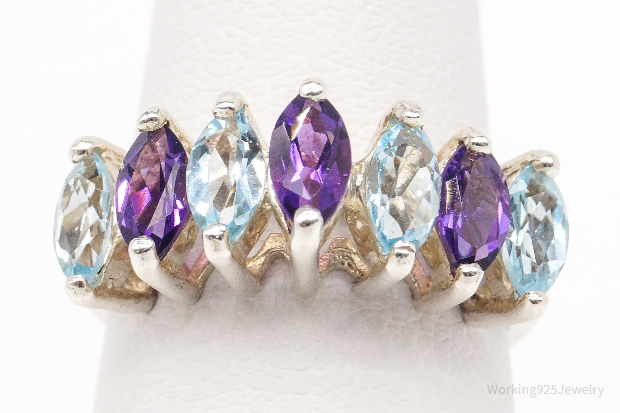 Vintage Blue Topaz Amethyst Sterling Silver Ring - Size 10