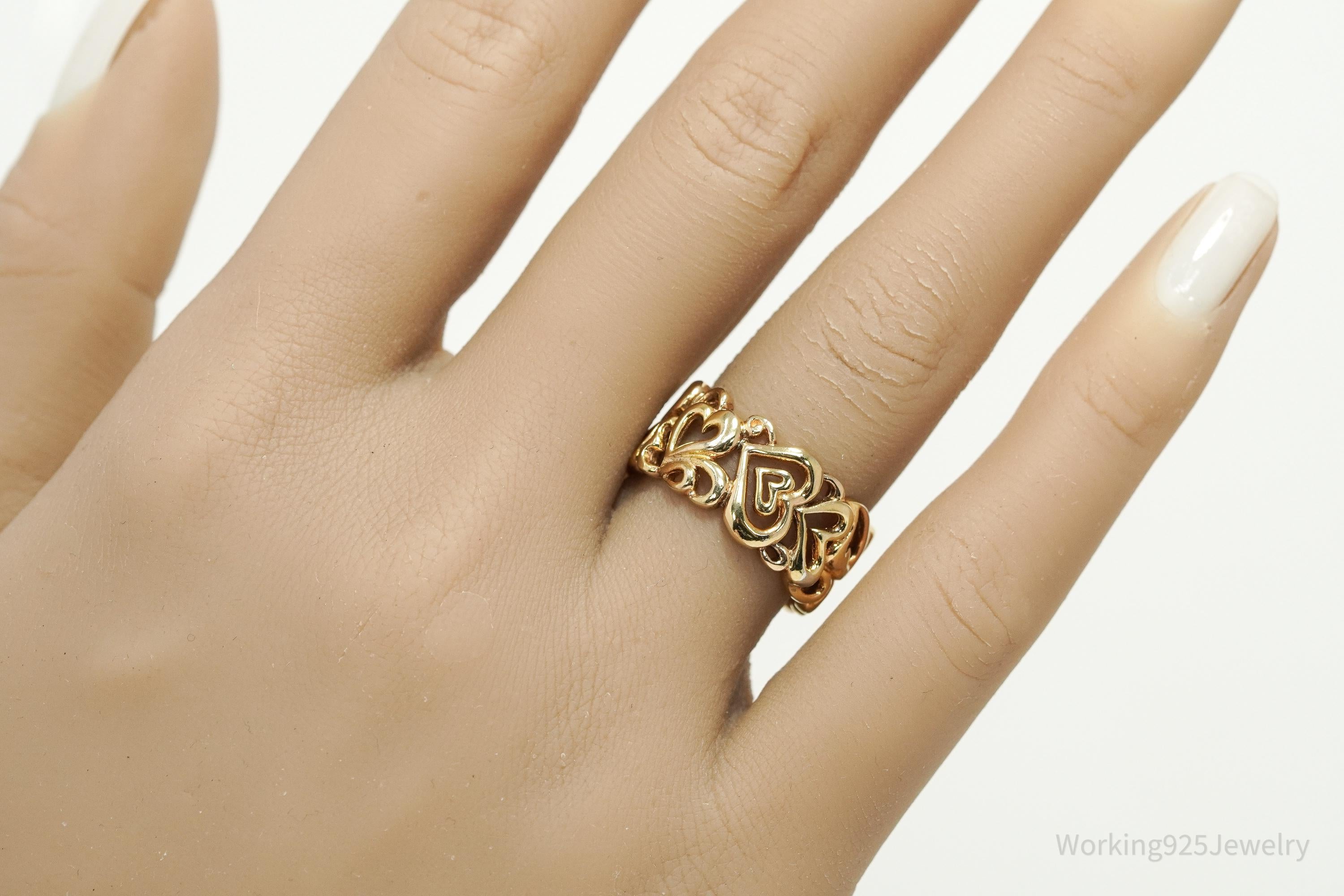 Vintage Gold Vermeil Hearts Wide Band Sterling Silver Ring Adjustable Sz 6.75