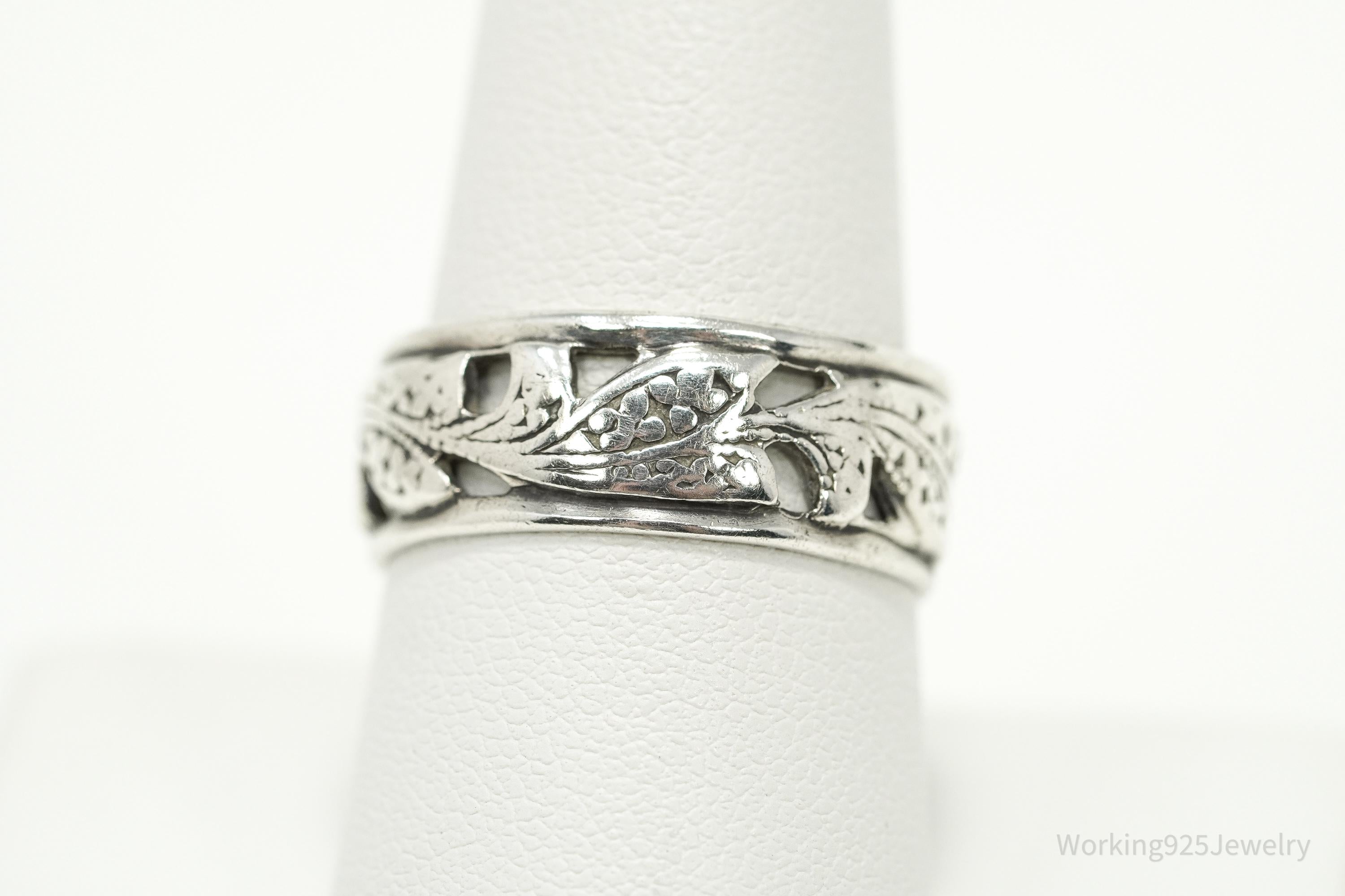 Antique Floral Pattern Sterling Silver Band Ring - Size 9.25