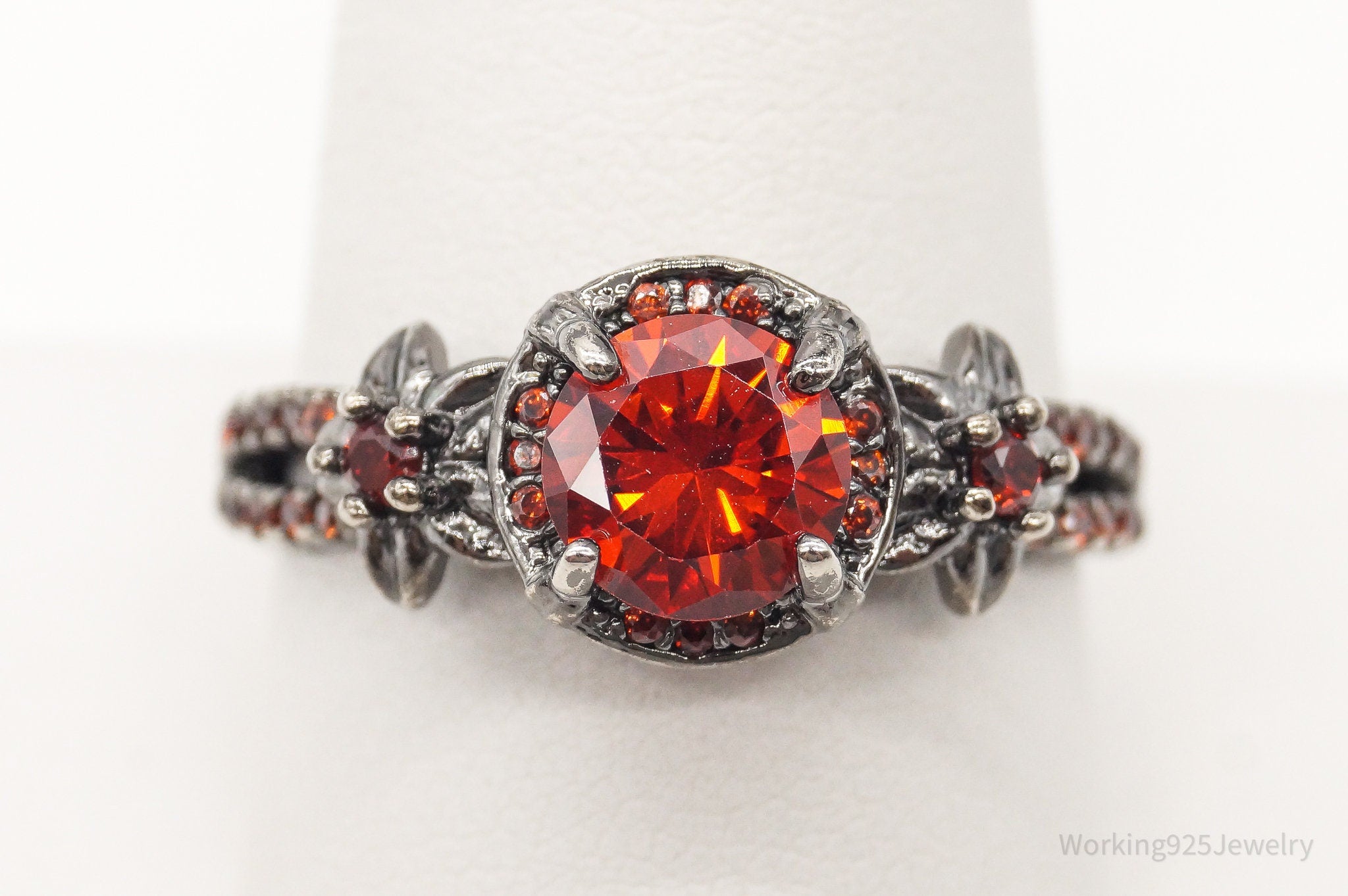 Vintage Orange Red Cubic Zirconia Silver Ring - Size 9.75