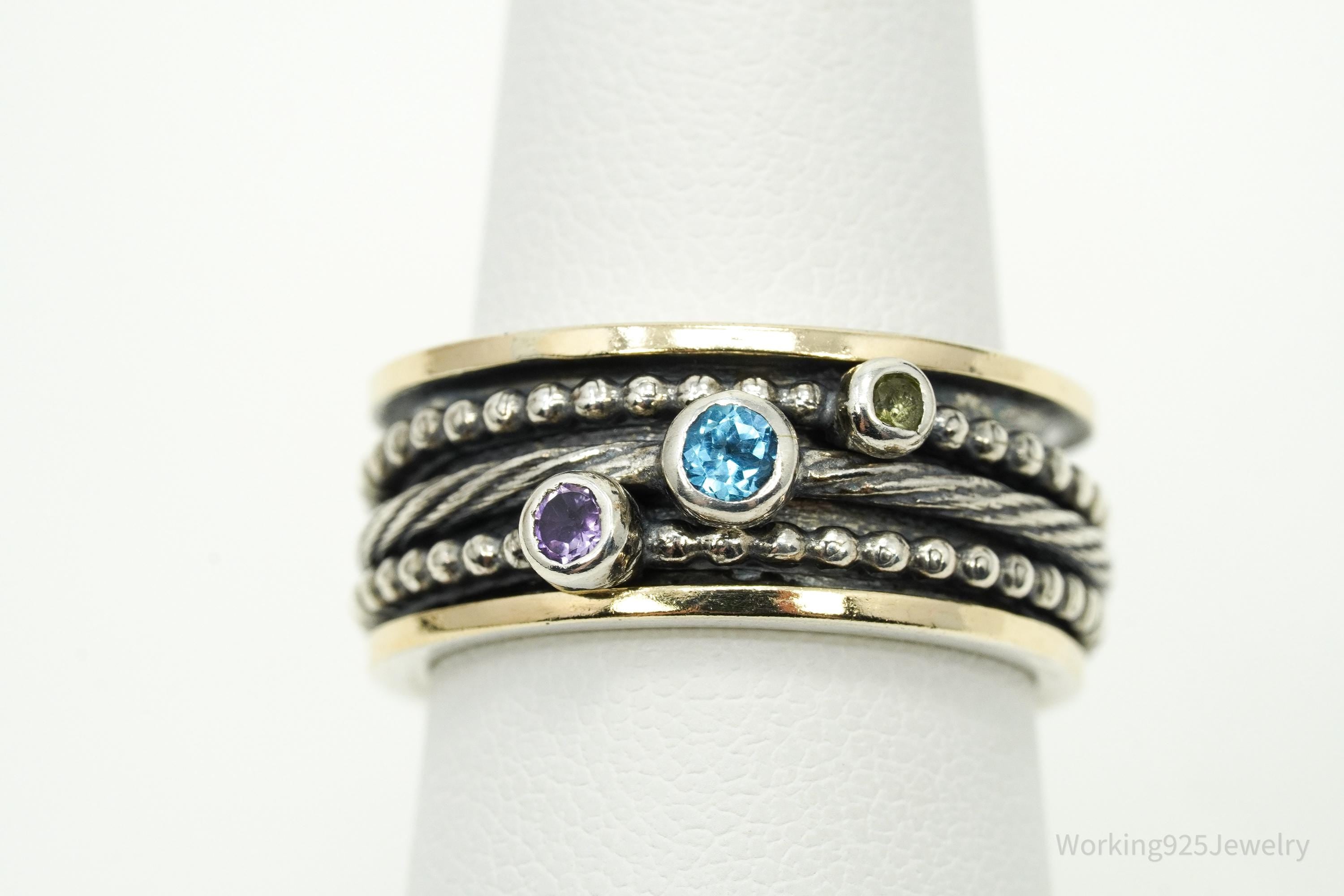 Designer PZ 14K Gold Multi Gem Spinner Sterling Silver Ring - Size 6.5