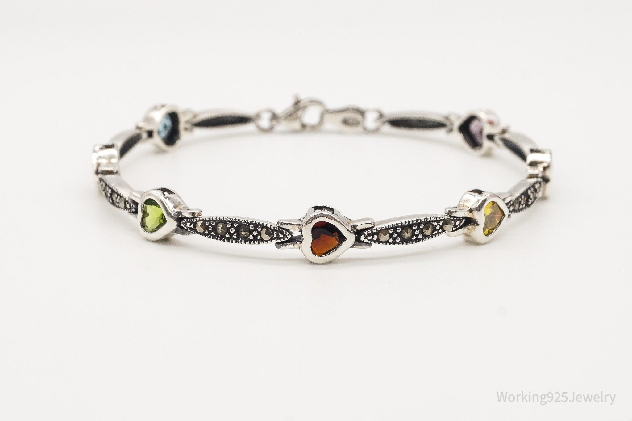 Vintage Multi Gemstones Hearts Sterling Silver Bracelet