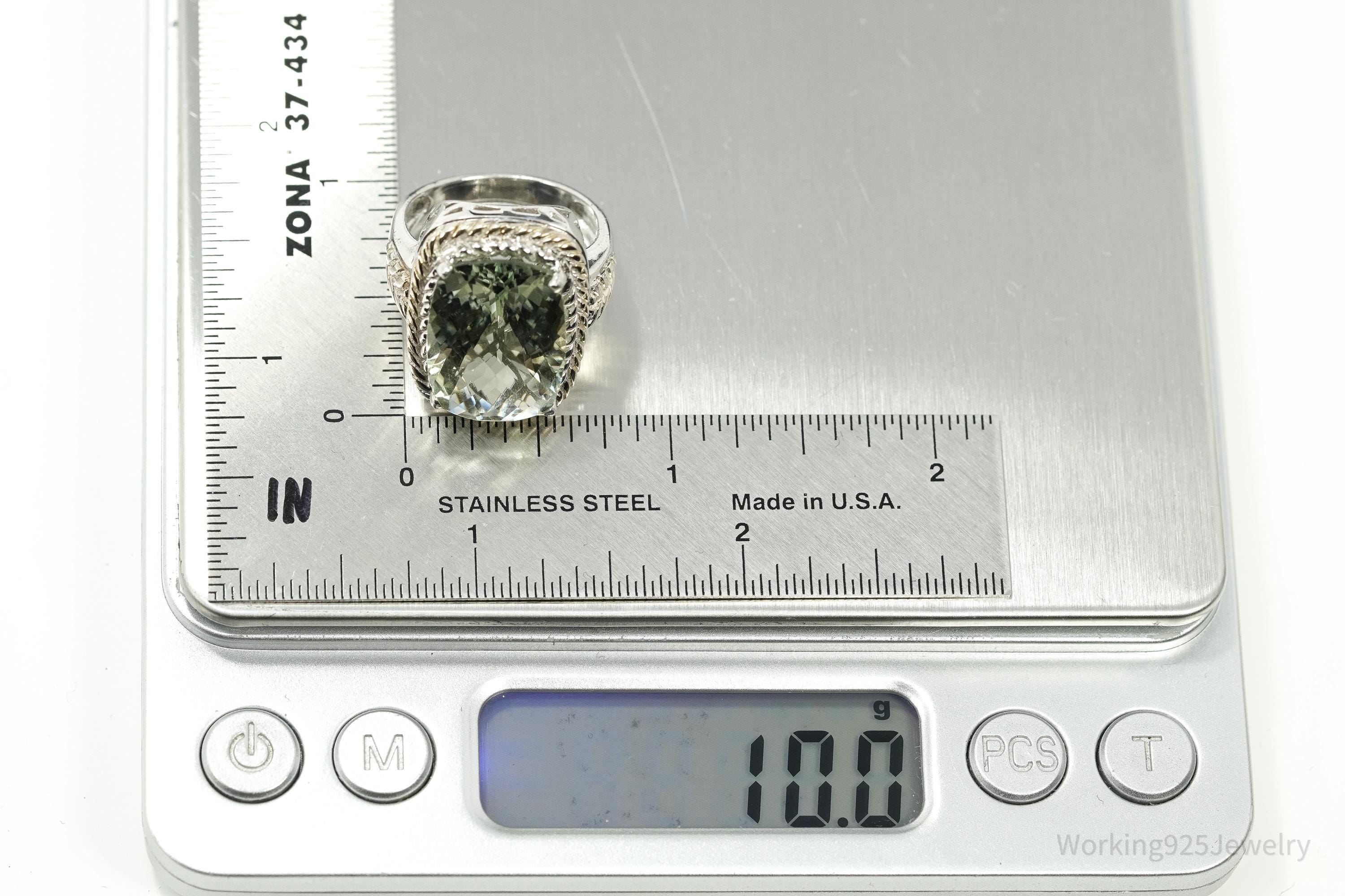 Vintage Large Prasiolite Gold Vermeil Sterling Silver Statement Ring - Size 8.25