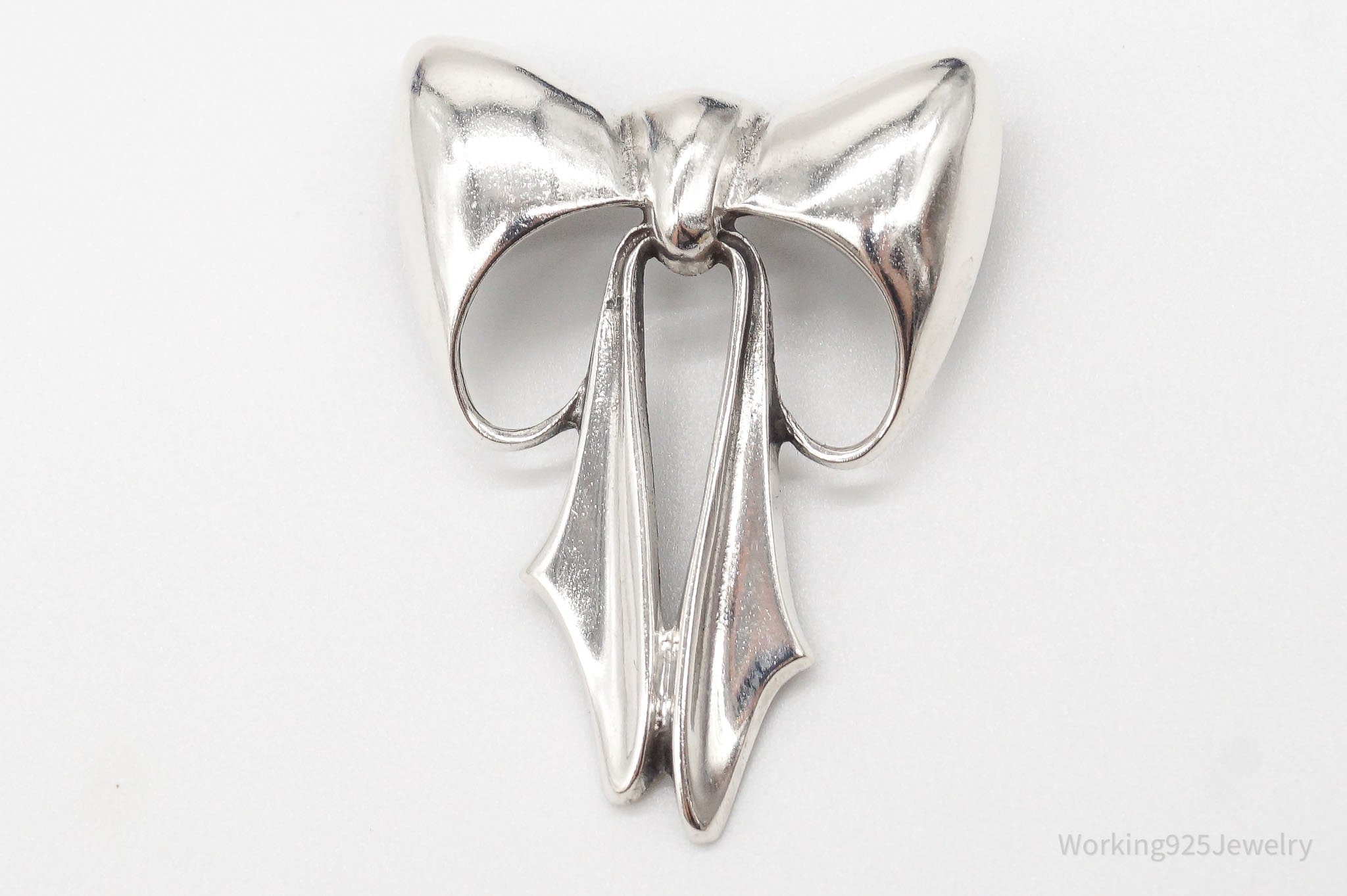 Large Vintage Sterling Silver Ribbon Bow Pendant Brooch Pin