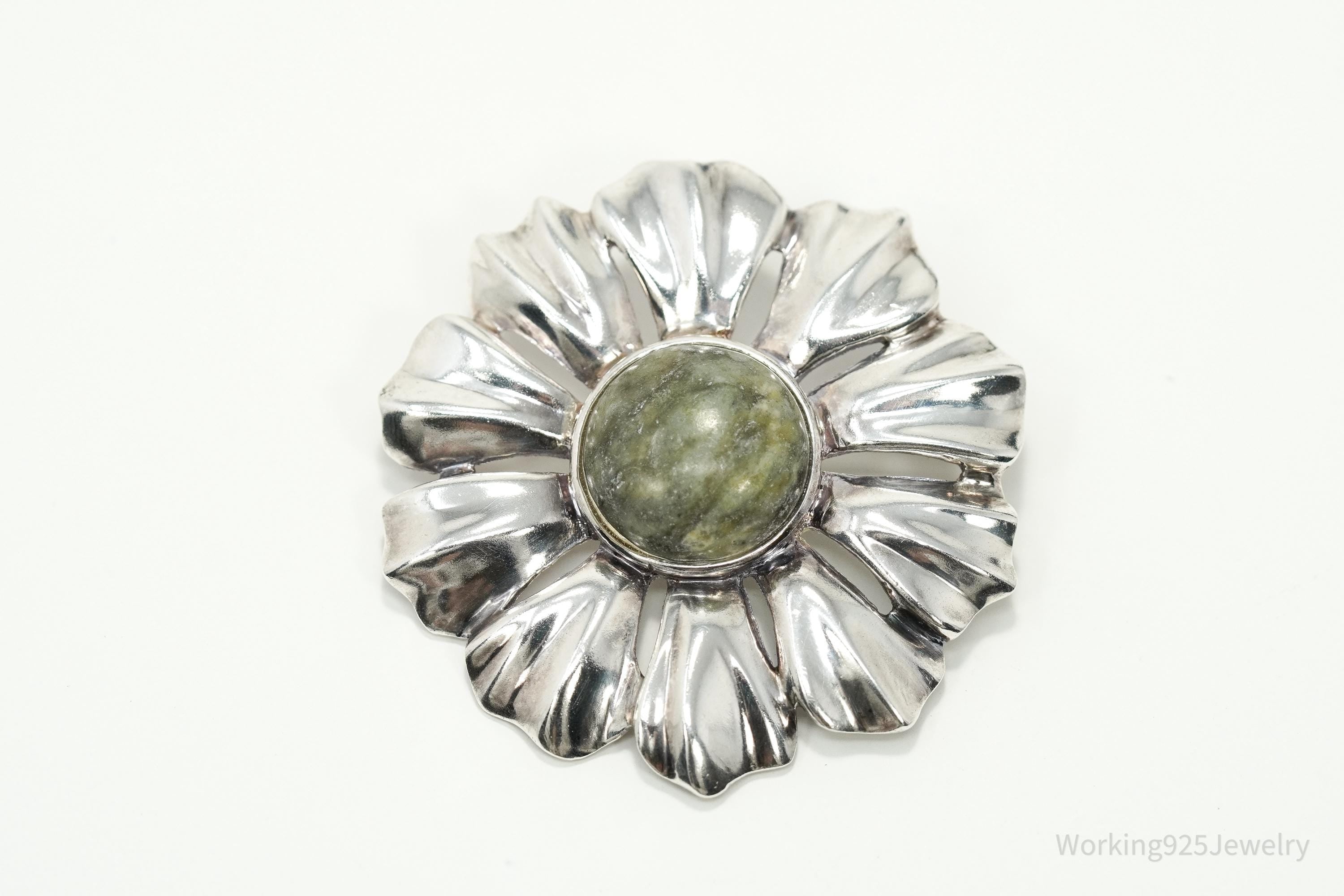 Large Vintage 1990s Connemara Marble Sterling Silver Flower Irish Brooch Pendant 1.75"