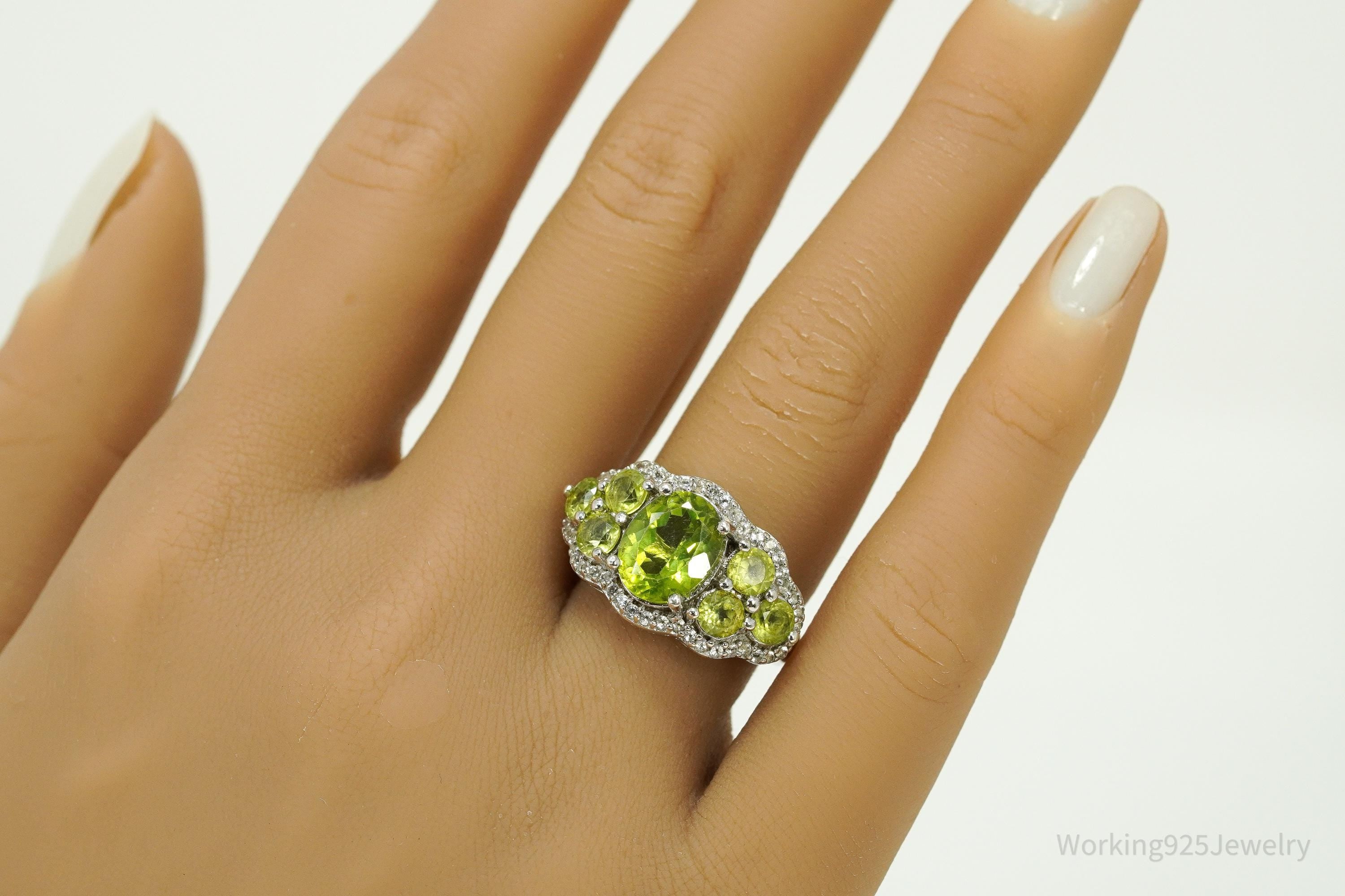 Green Peridot & White Zircon Rhodium Over Sterling Silver Ring - Size 7