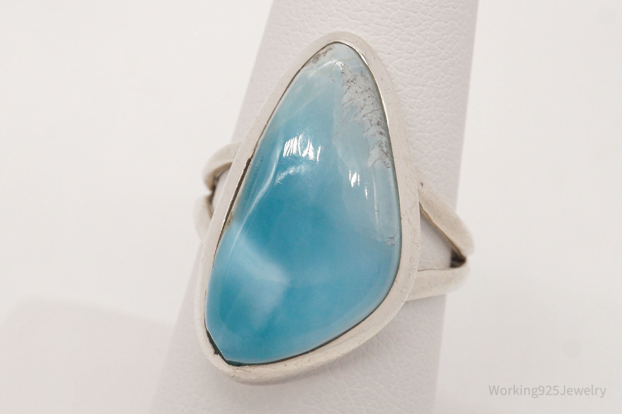 Vintage Large Blue Larimar Sterling Silver Ring - Size 7.5