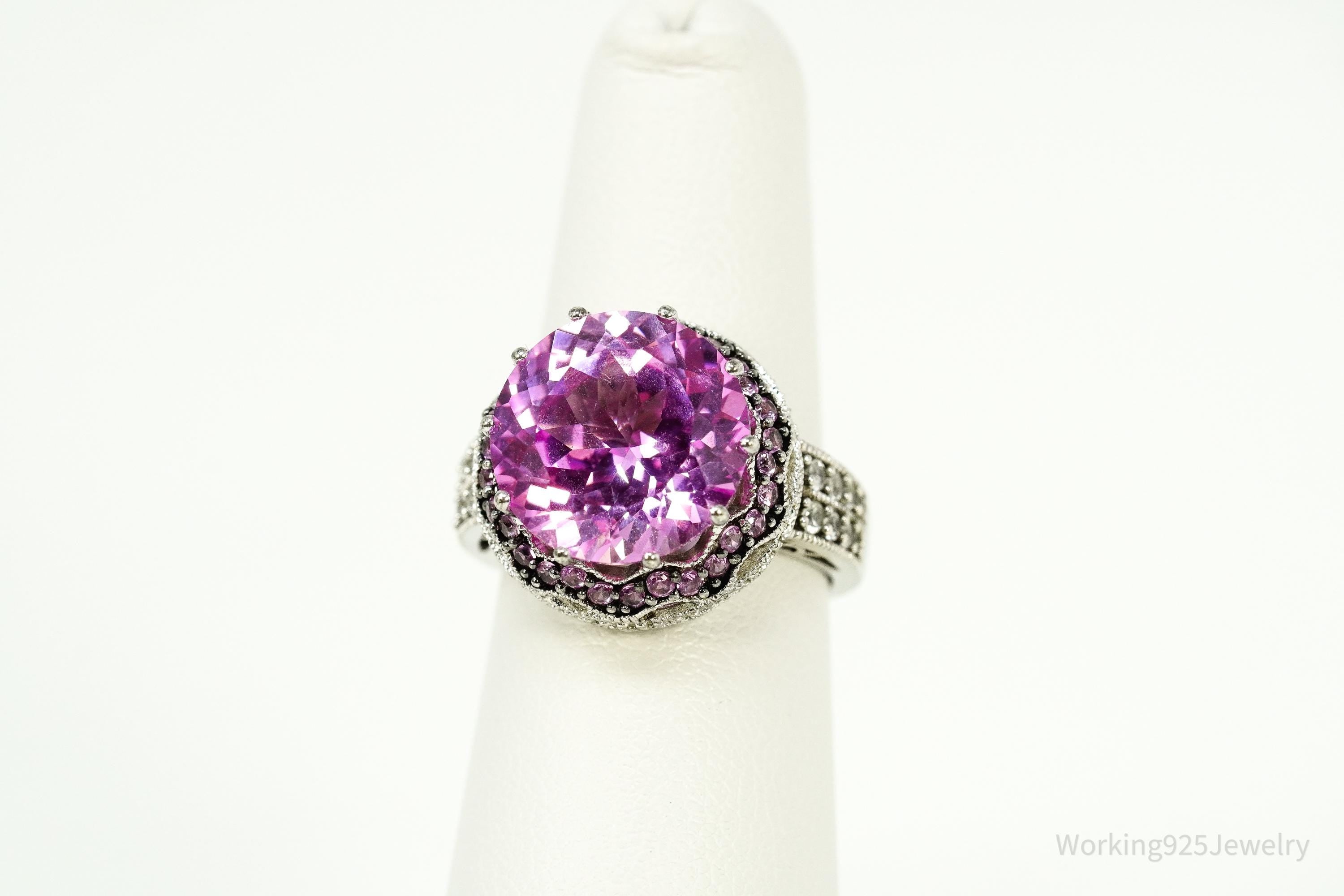 Vintage Large Pink & White Sapphire Sterling Silver Ring - Size 6.5