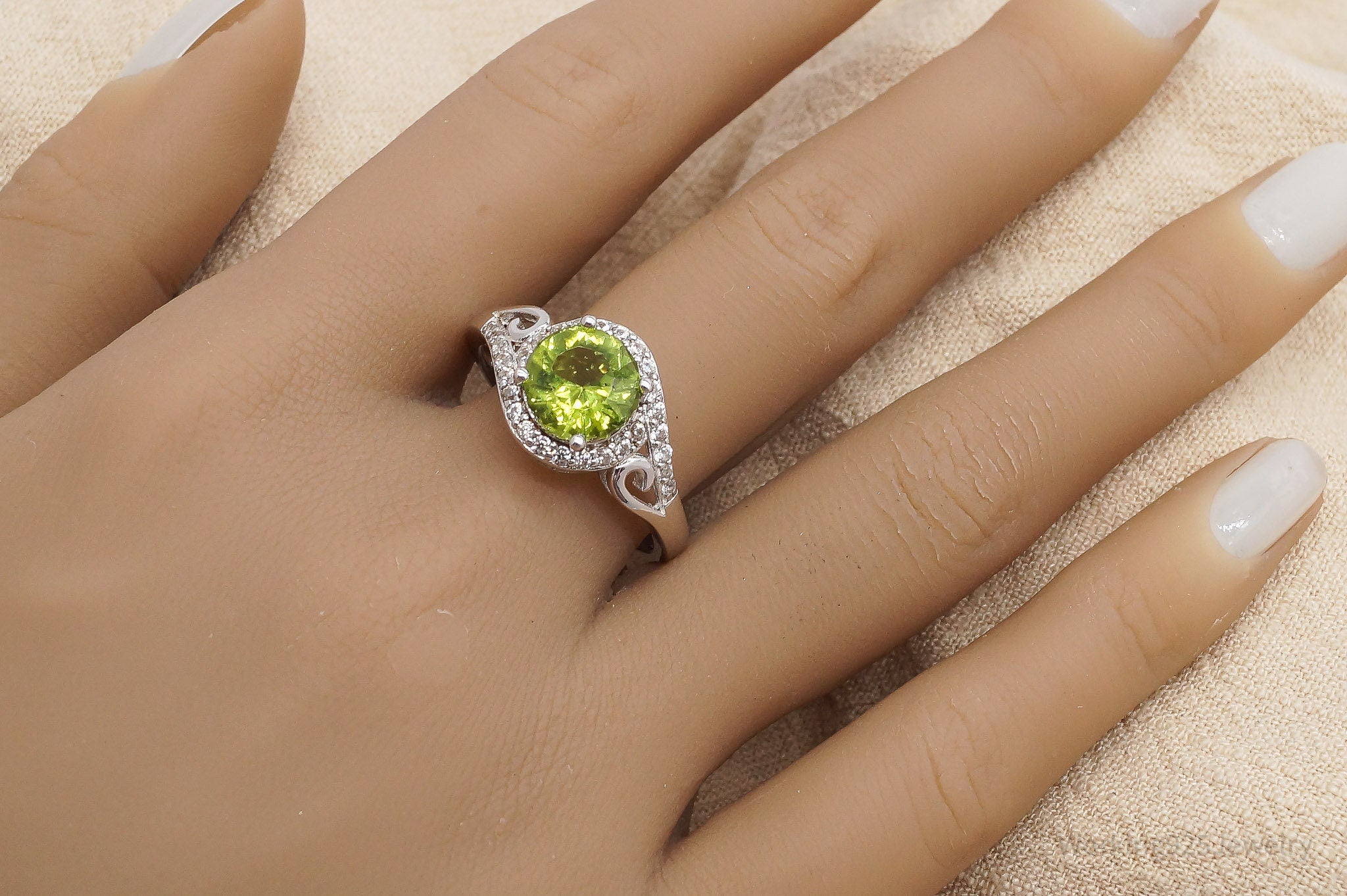 BBJ Manchurian Peridot White Zircon Rhodium Over Sterling Silver Ring - Size 12