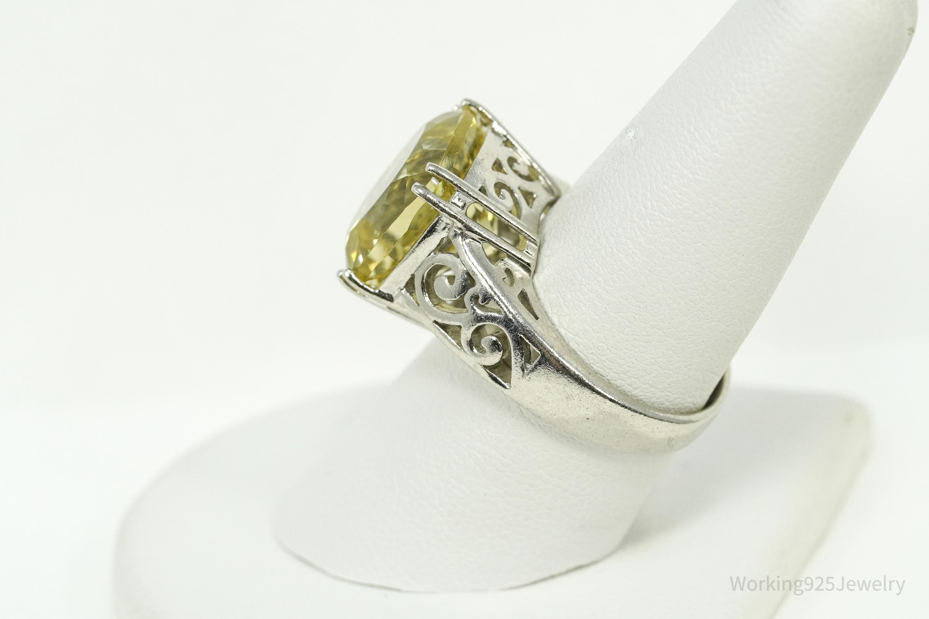 Vintage Large Lemon Citrine Sterling Silver Ring - Size 8