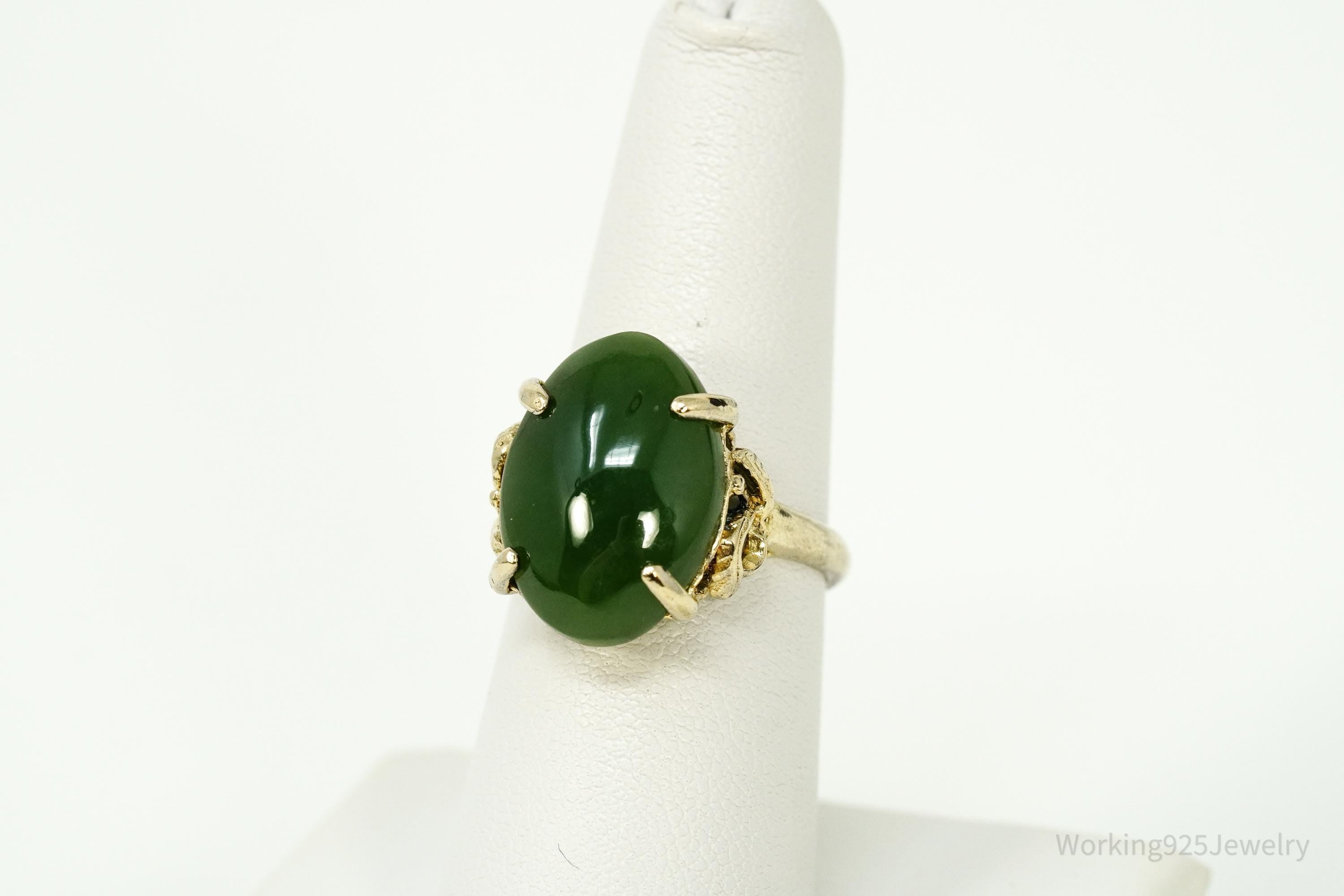 Vintage Green Jade Gold Over Sterling Silver Ring Size 6.75