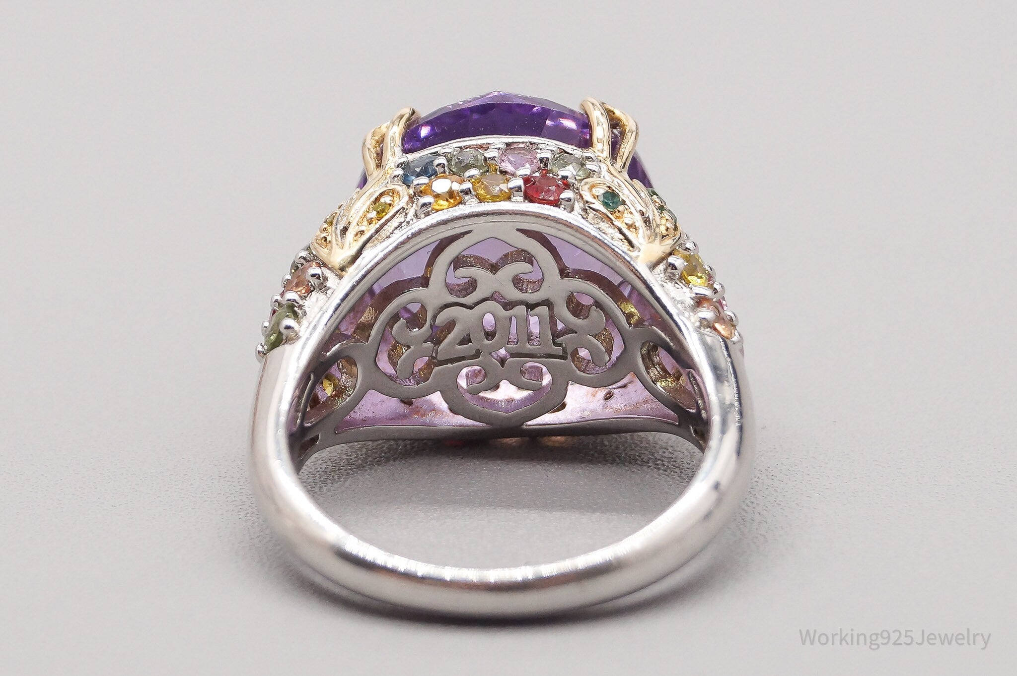 Vintage Large Amethyst Multi Color Sapphire & Diamond Gold Sterling Silver Ring - Size 9.75