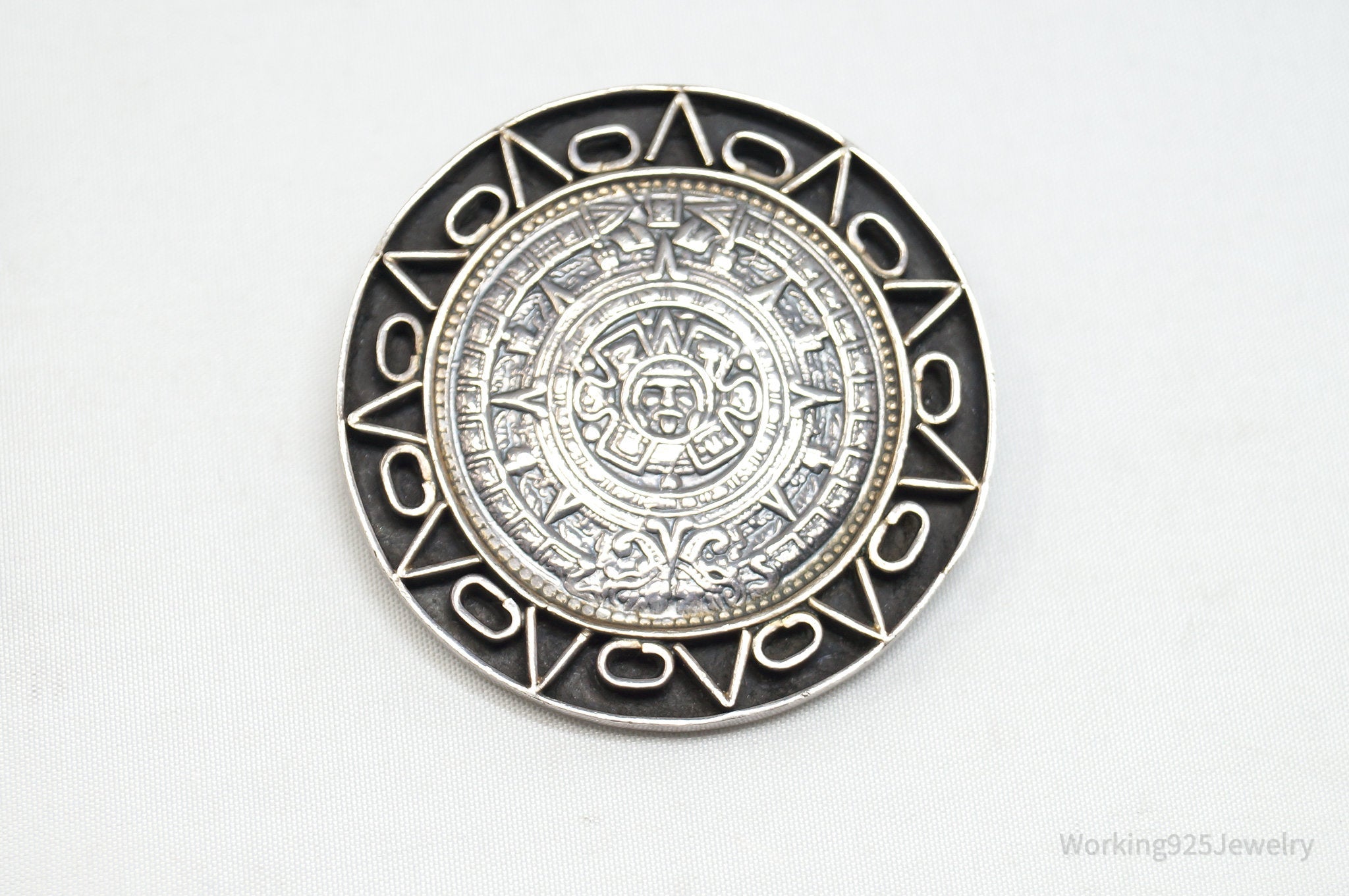 Vintage Taxco Mexico Large Aztec Sun Calendar Sterling Silver Brooch Pin