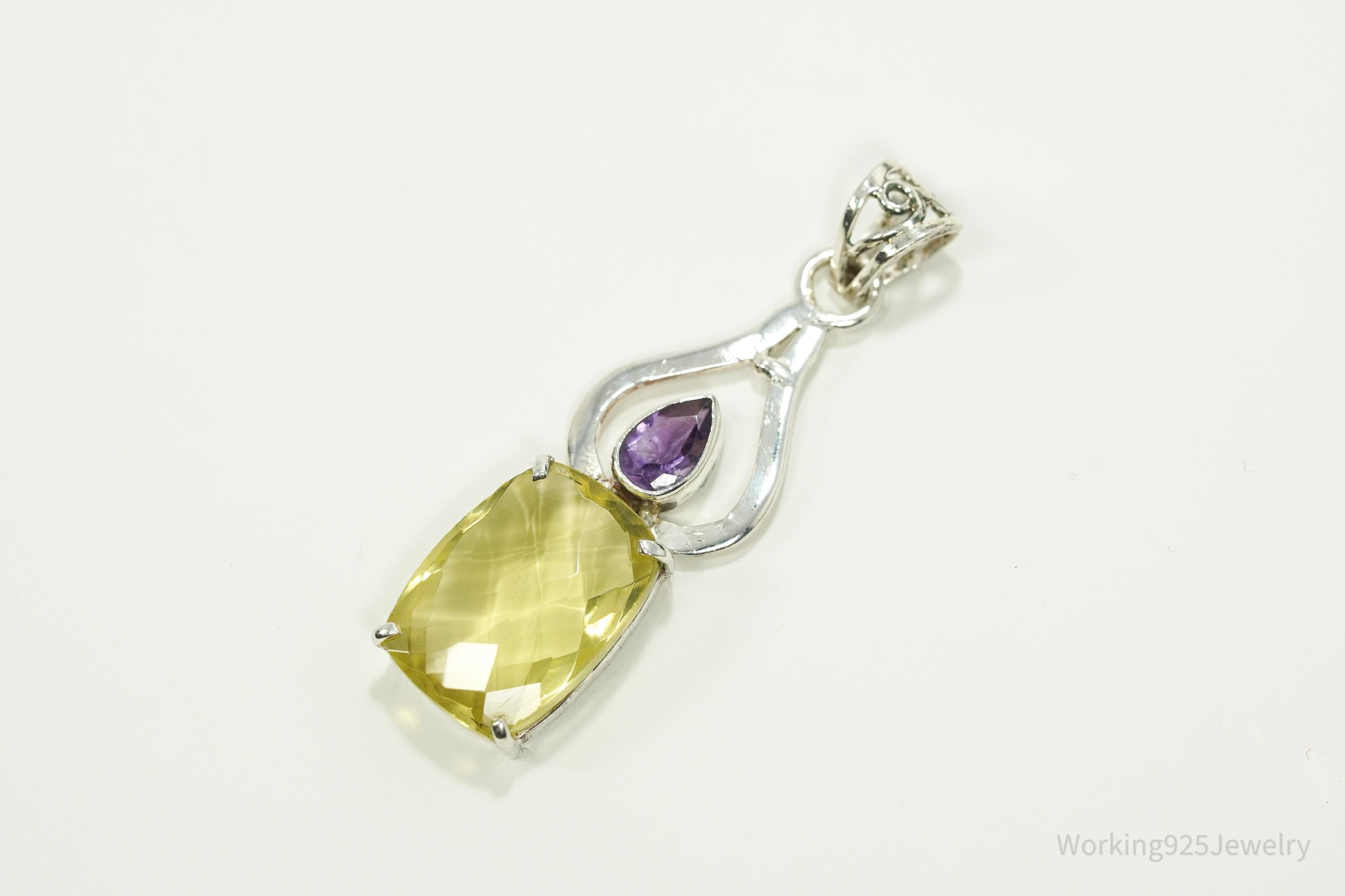 Vintage Lemon Quartz & Amethyst Sterling Silver Pendant