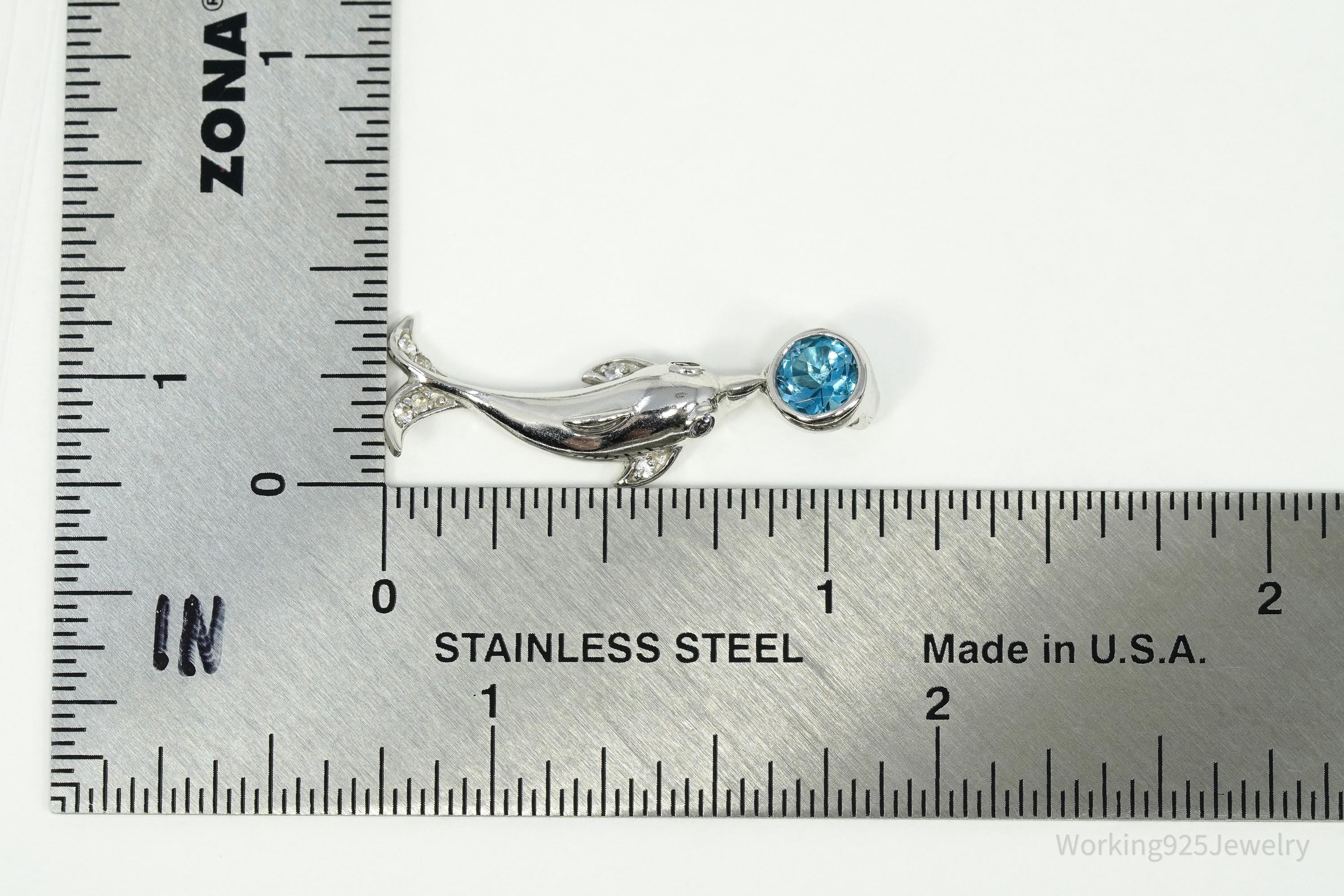 Vintage Blue Topaz Dolphin Sterling Silver Necklace Pendant 1 1/8"