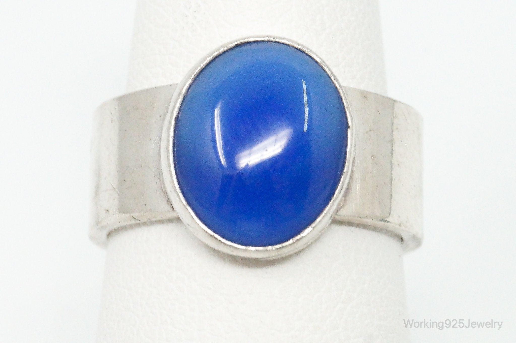 Vintage Mexico Blue Glass Modernist Sleek Sterling Silver Ring - Size 7.25