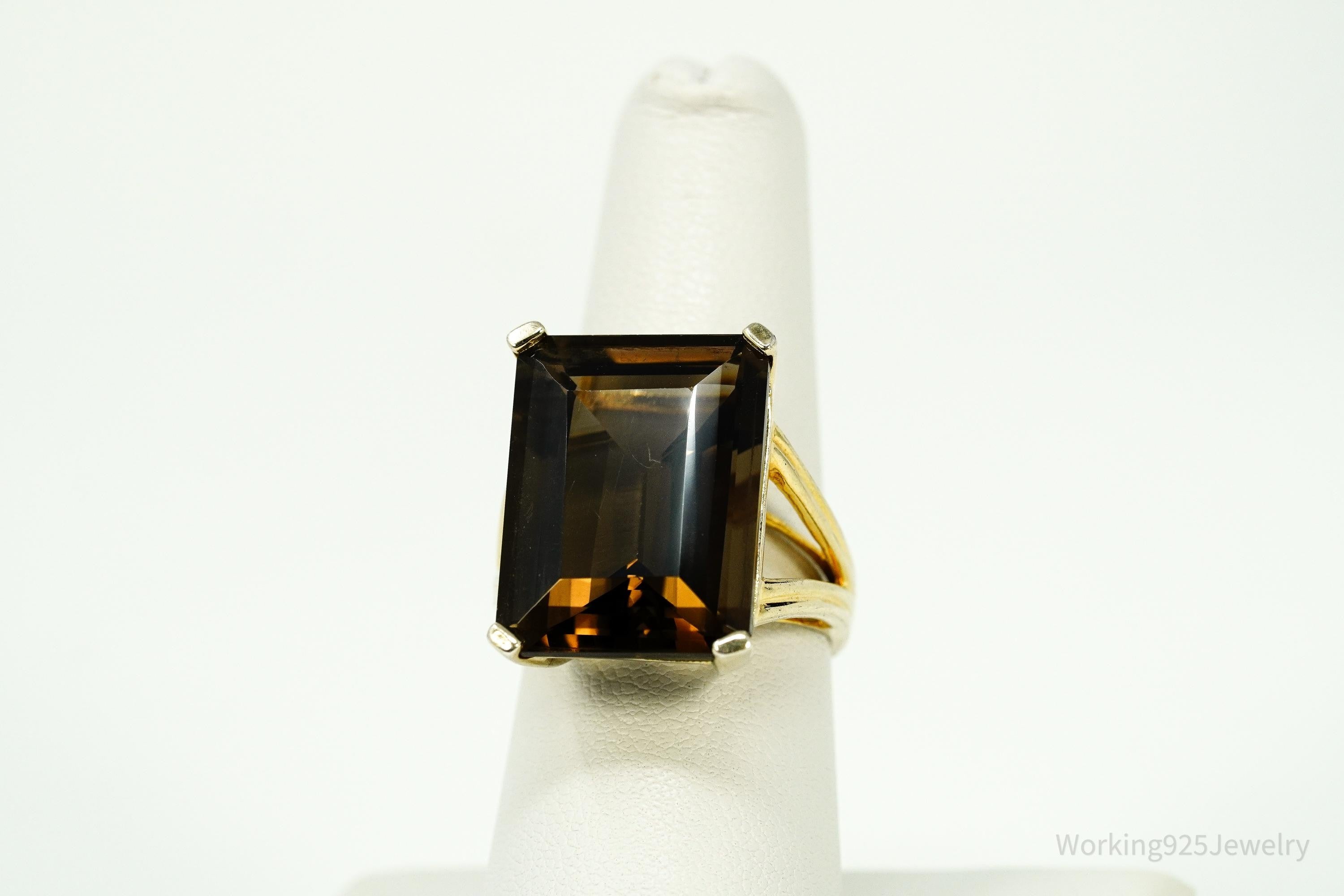 Vintage Large Smoky Topaz Gold Vermeil Sterling Silver Ring - Size 7.5