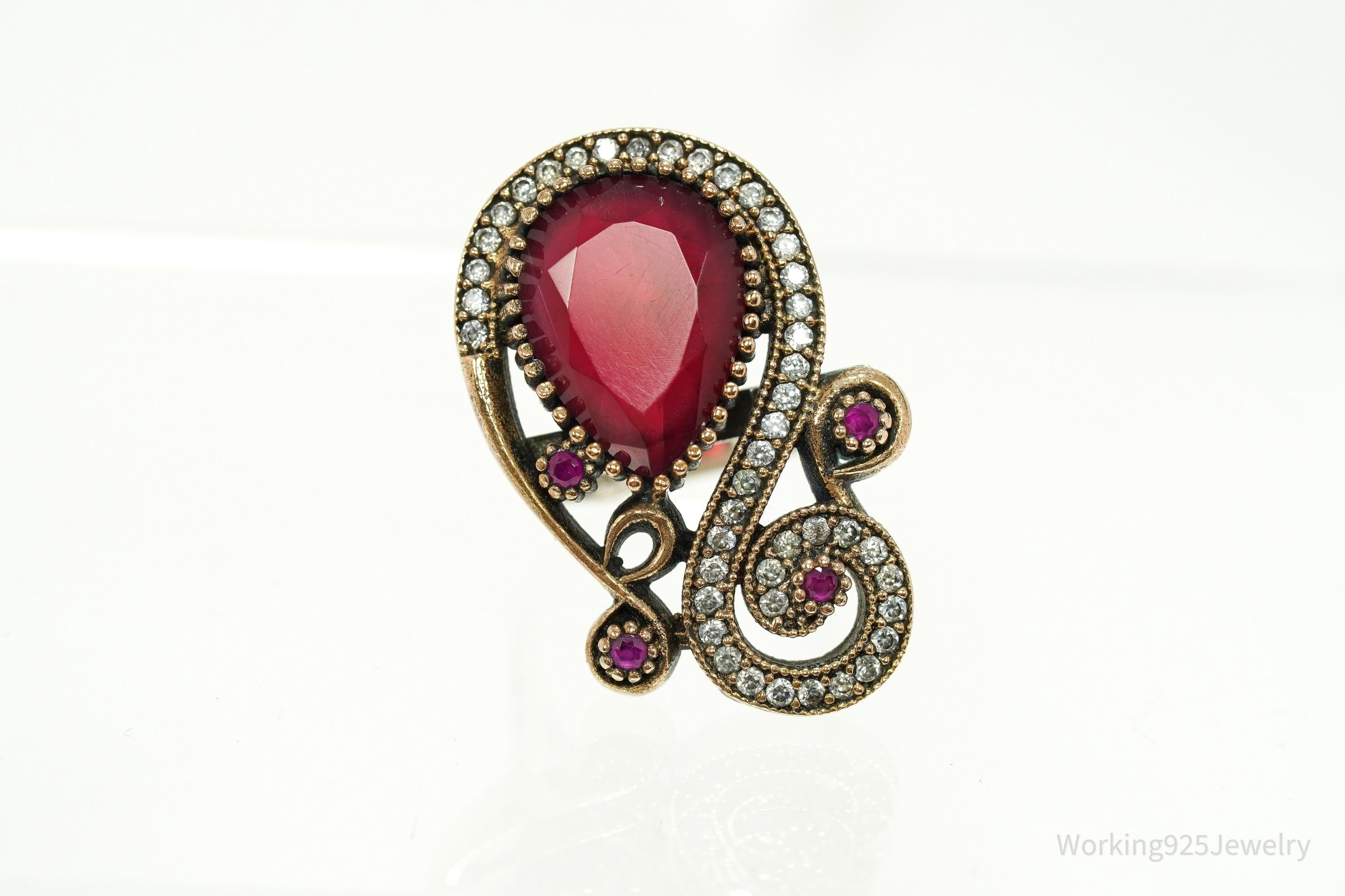 Vintage Red Stone, Ruby, & Cubic Zirconia Sterling Silver Ring - Size 7.5