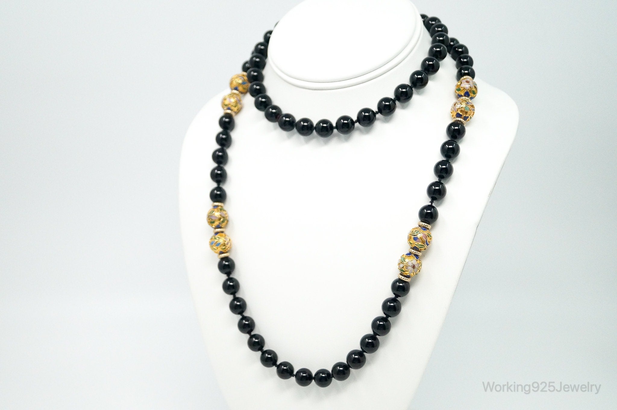 Vintage Long Black Onyx Cloisonne Beads Necklace