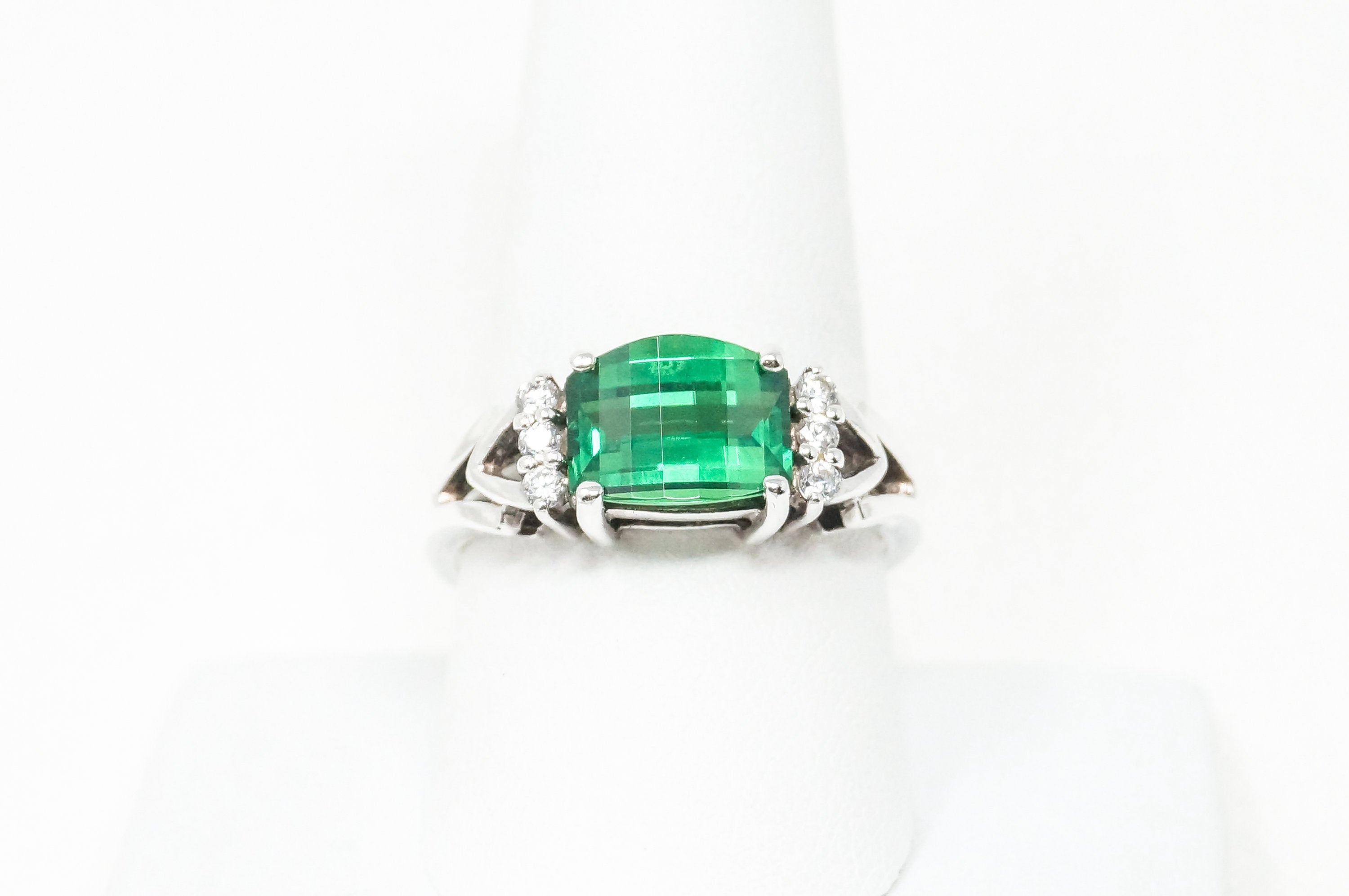 Vintage Simulated Green Emerald Cz Accented Art Deco Sterling Silver Ring Sz 9.5