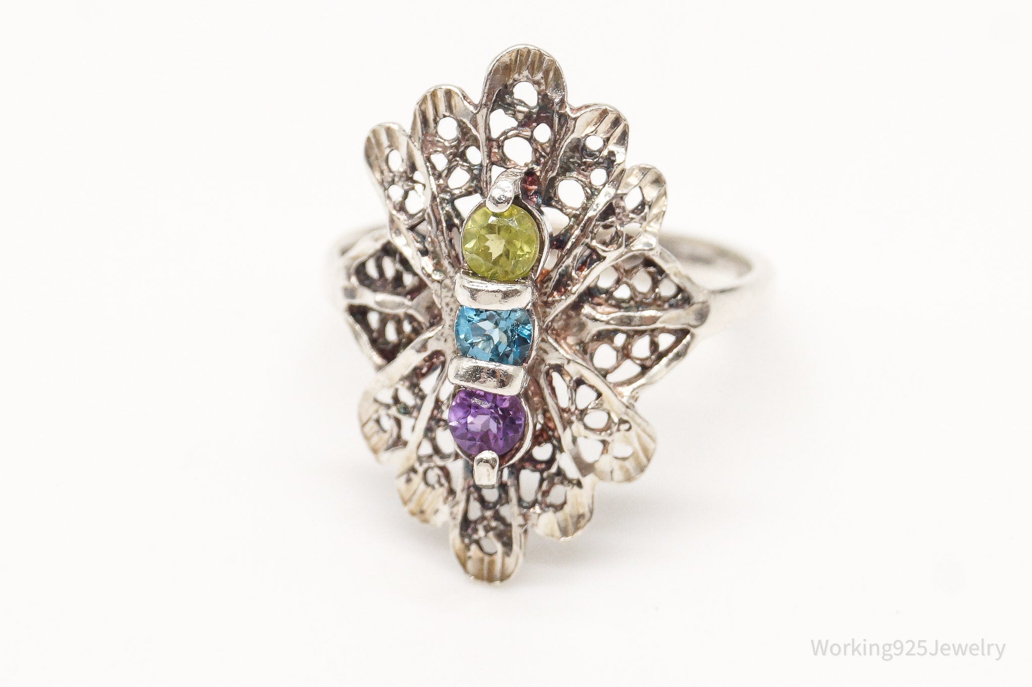 Vintage Peridot Blue Topaz Amethyst Sterling Silver Ring - Size 6