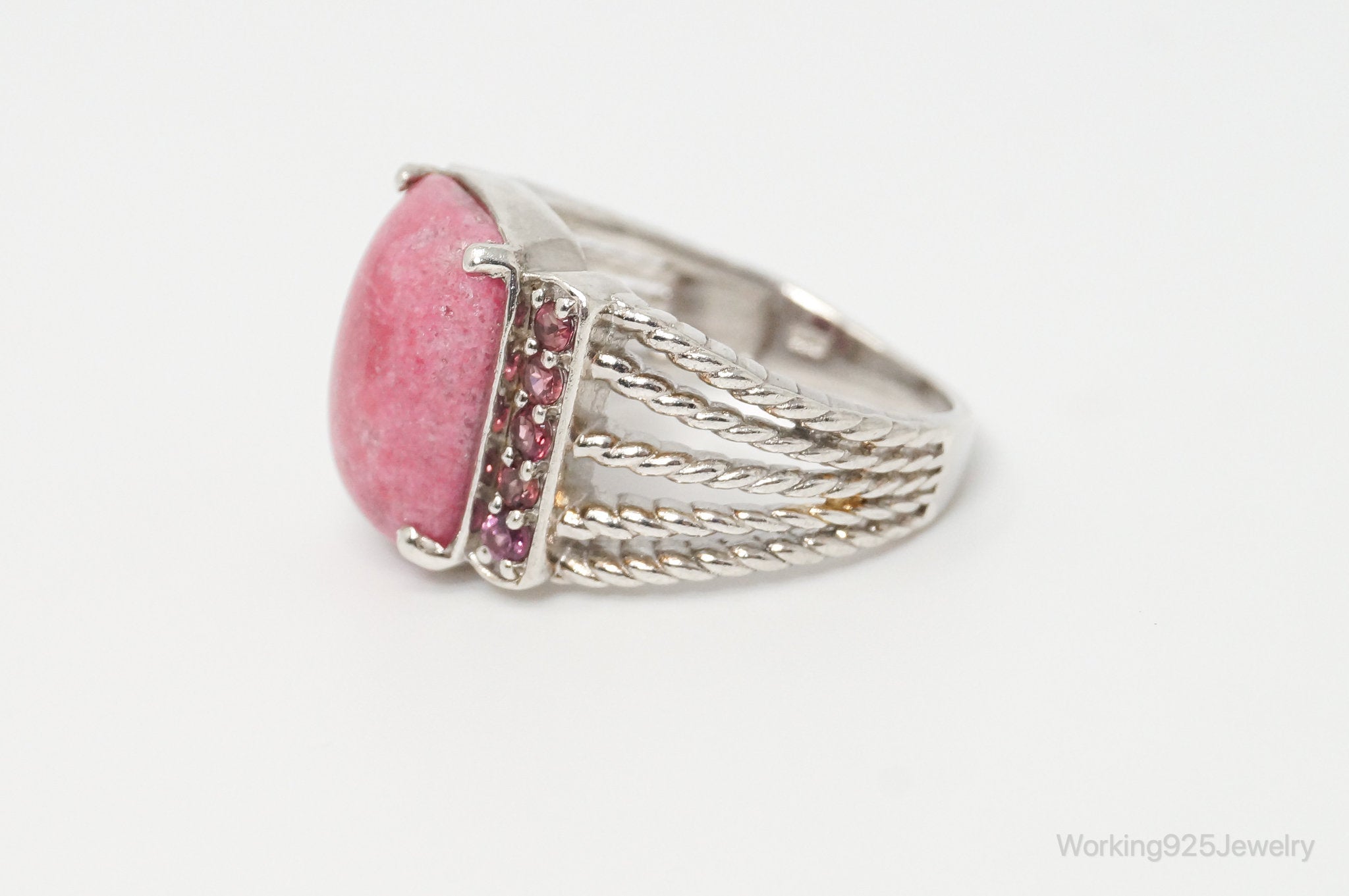 Vintage Thulite Pink CZ Cable Sterling Silver Statement Ring - Size 8