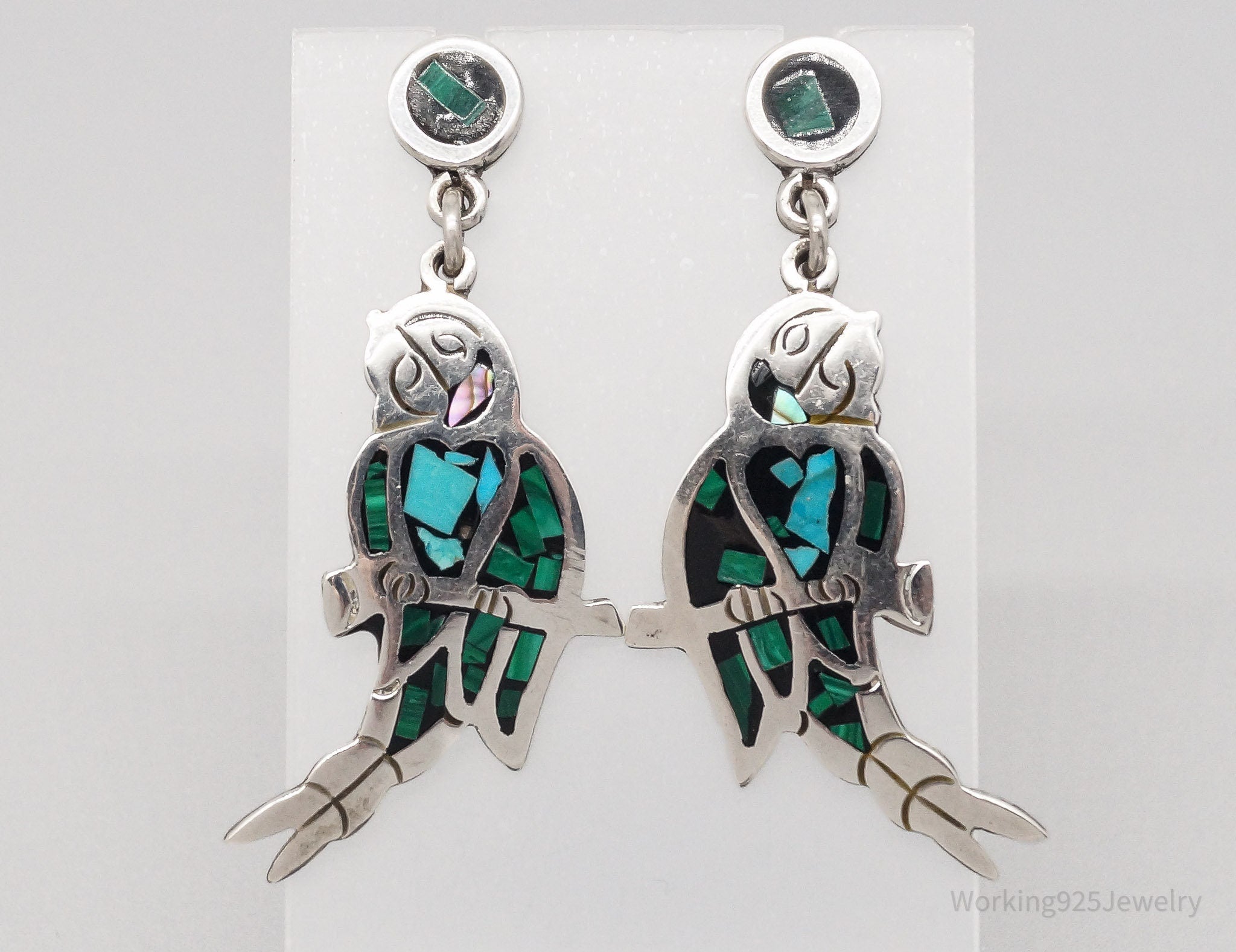 Vintage Large Mexico Turquoise Malachite Inlay Sterling Silver Birds Earrings