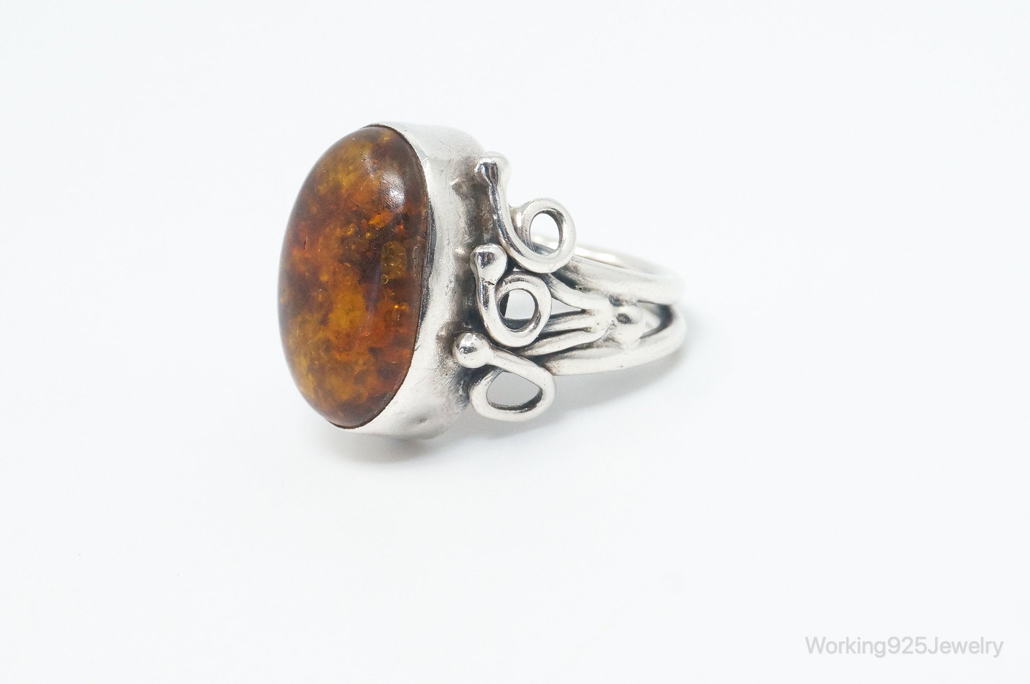 Vintage Large Baltic Amber Modern Sterling Silver Ring - Size 6.25