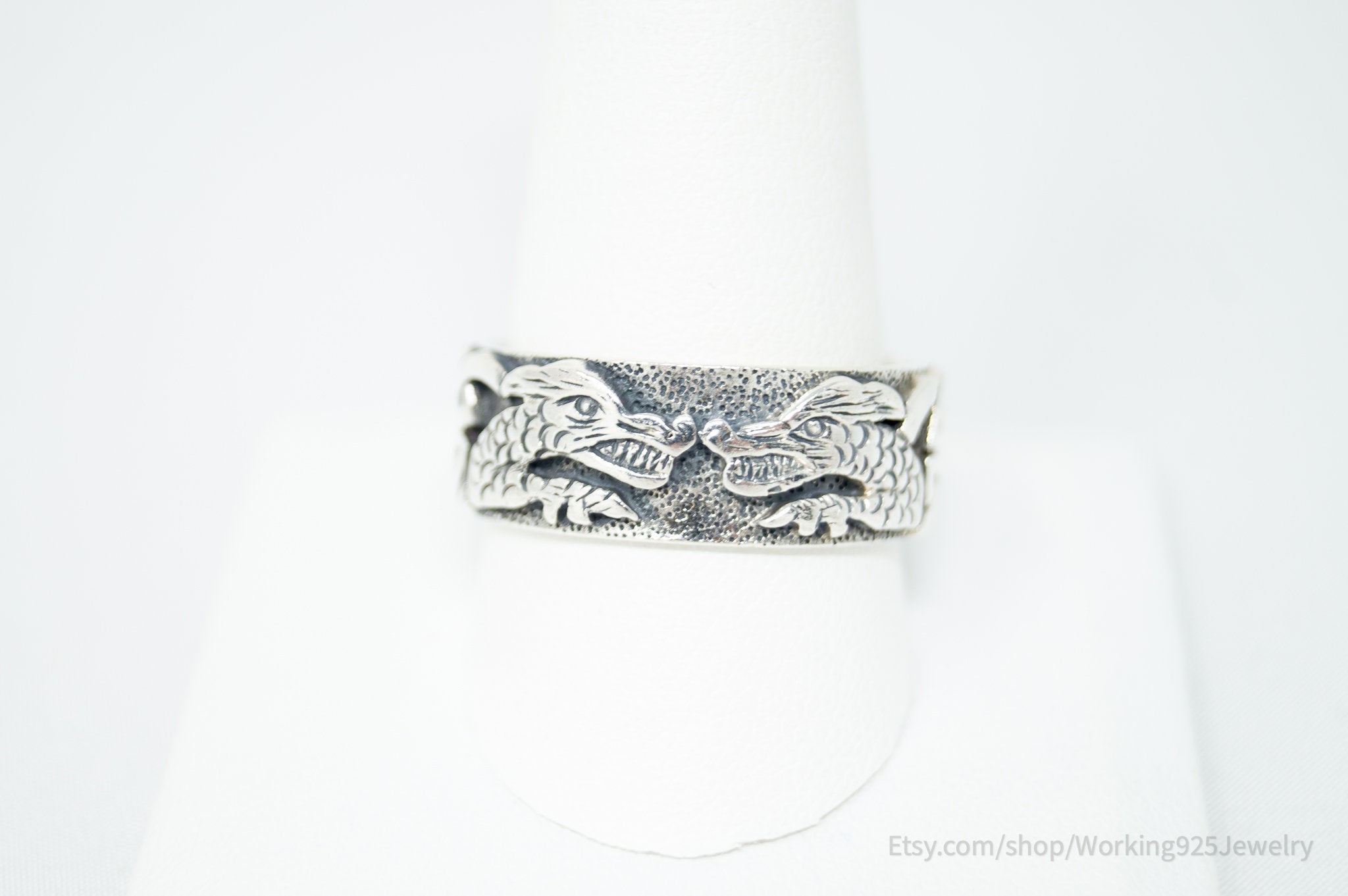 Vintage Etched Double Dragons Sterling Silver Band Ring Sz 11