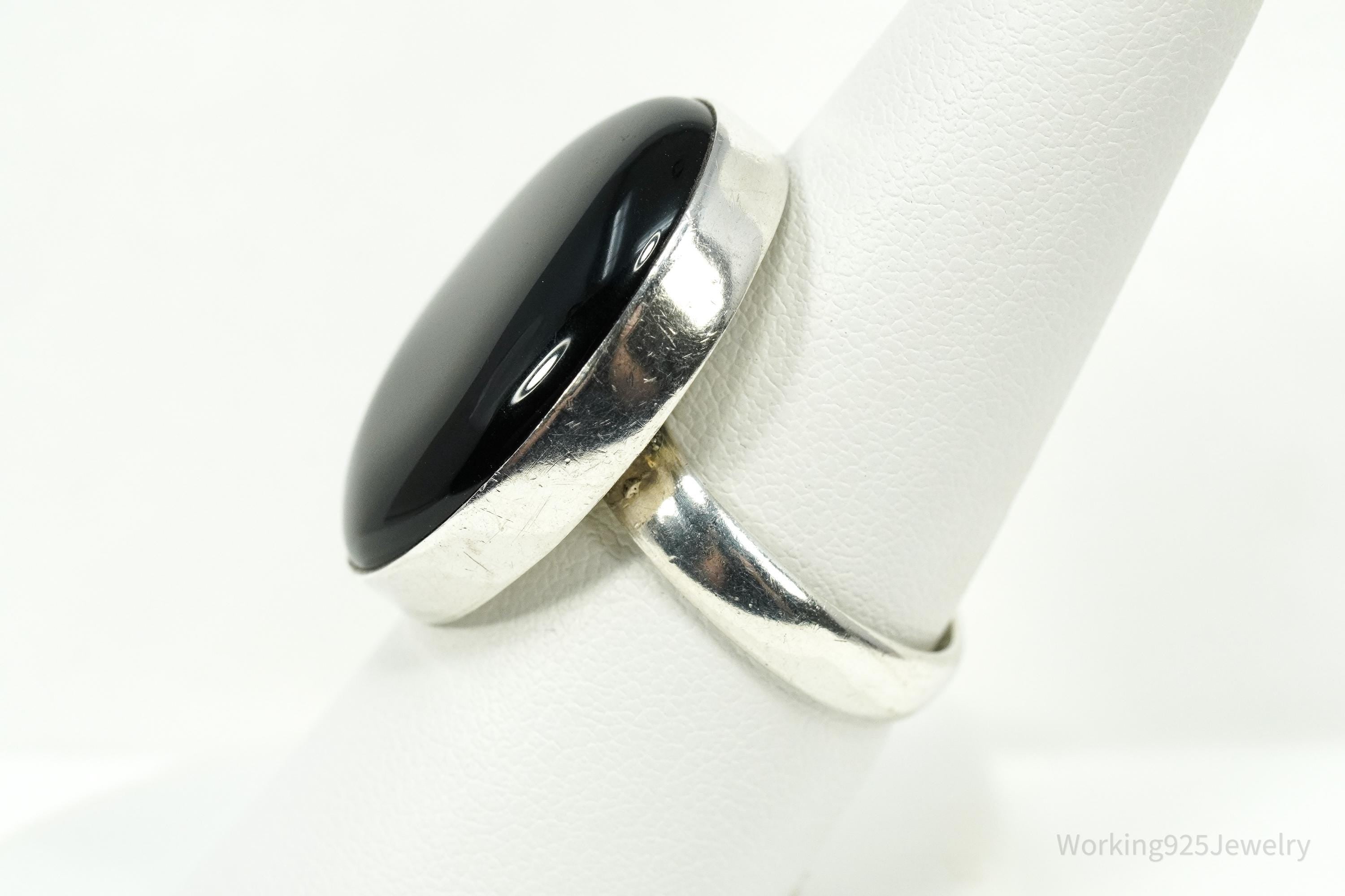 Vintage Large Black Onyx Sterling Silver Ring - Size 8.75