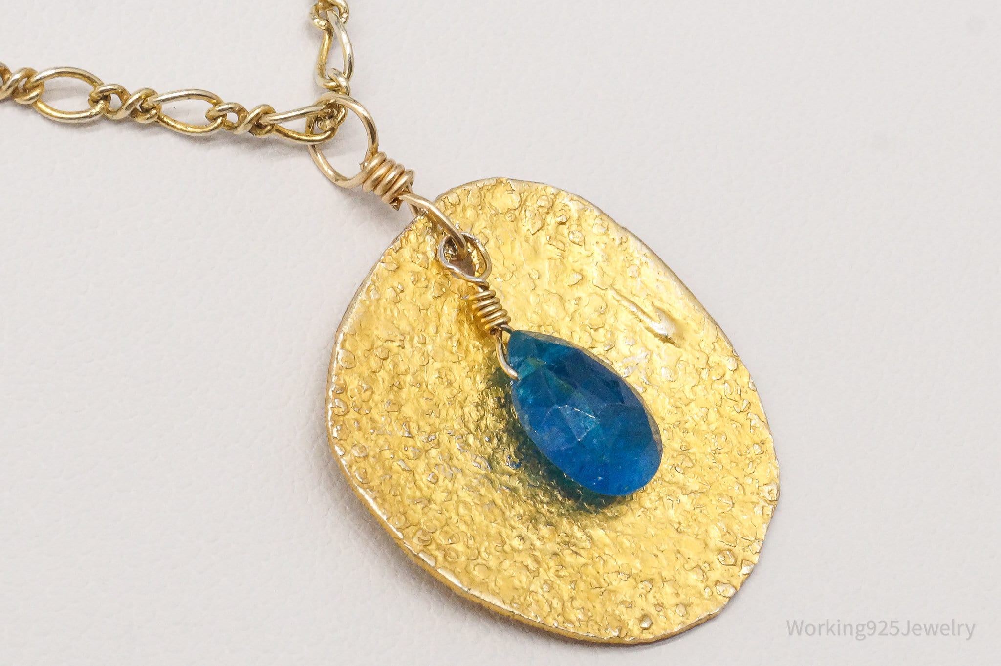 Vintage Blue Stone Hammered Style Gold Vermeil Sterling Silver Necklace 18"