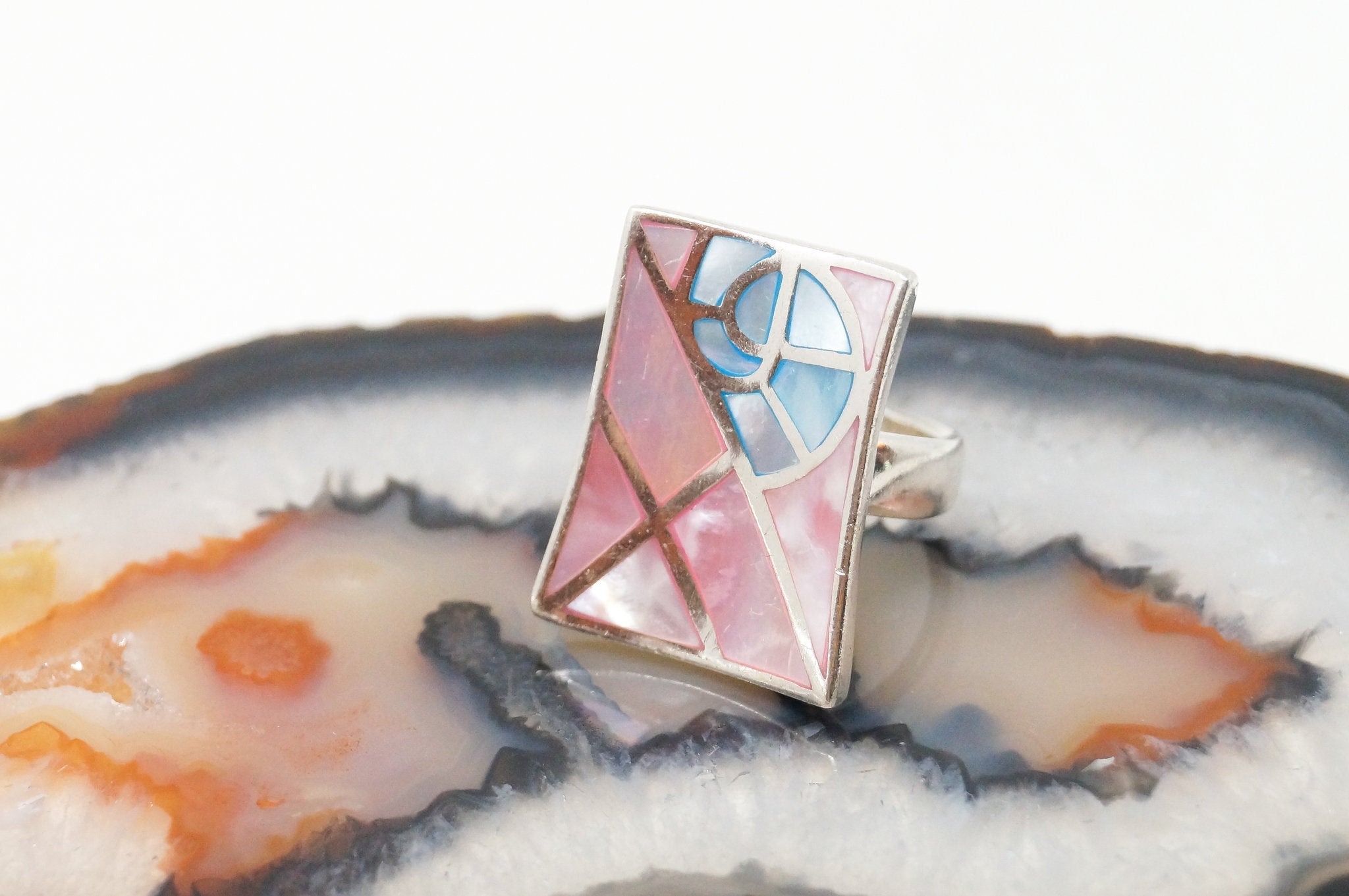 Vintage Pink Blue Mother Of Pearl Pearl Art Deco Ring Sterling Silver Sz 5.5