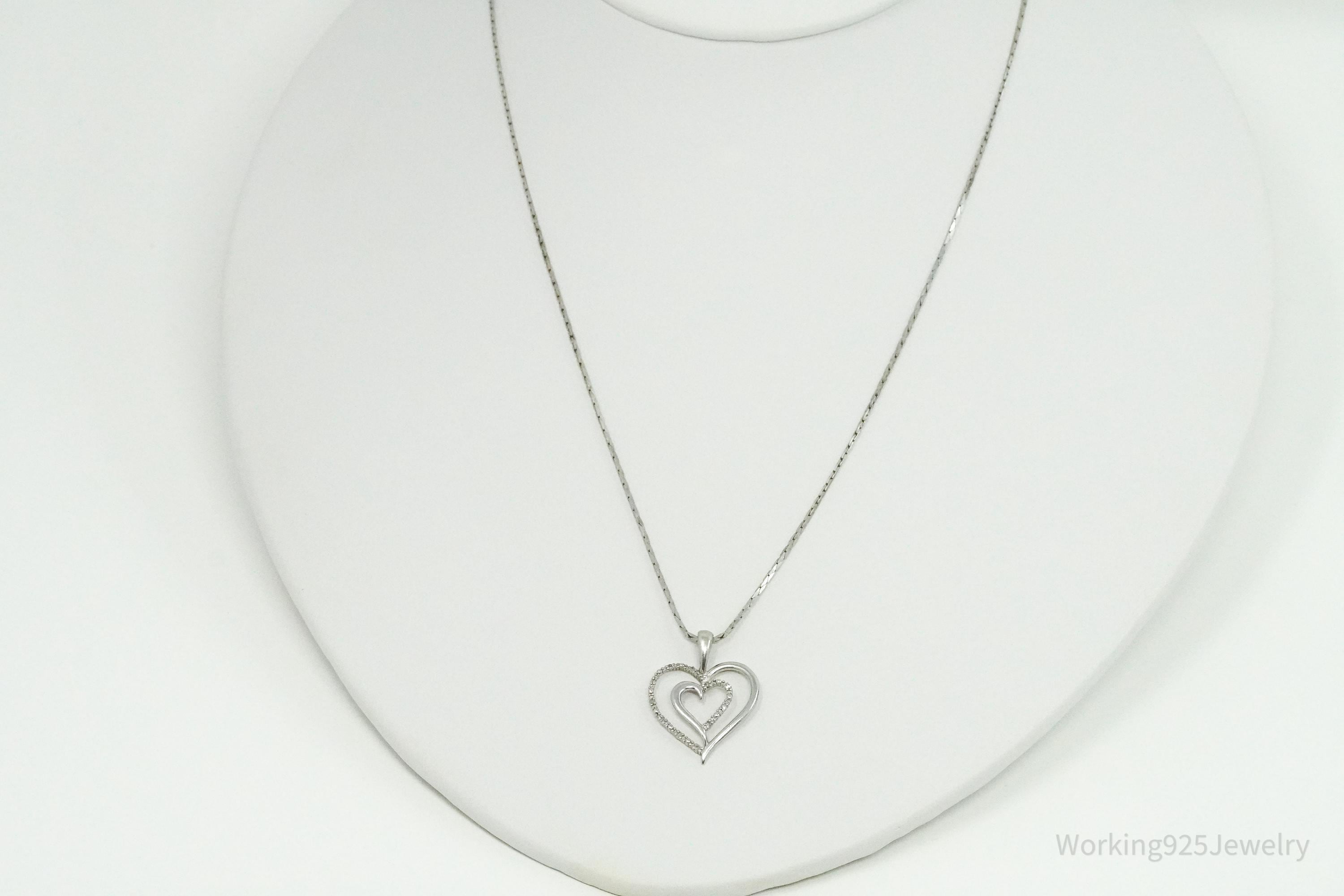 Vintage Diamond Heart Sterling Silver Necklace - 16"