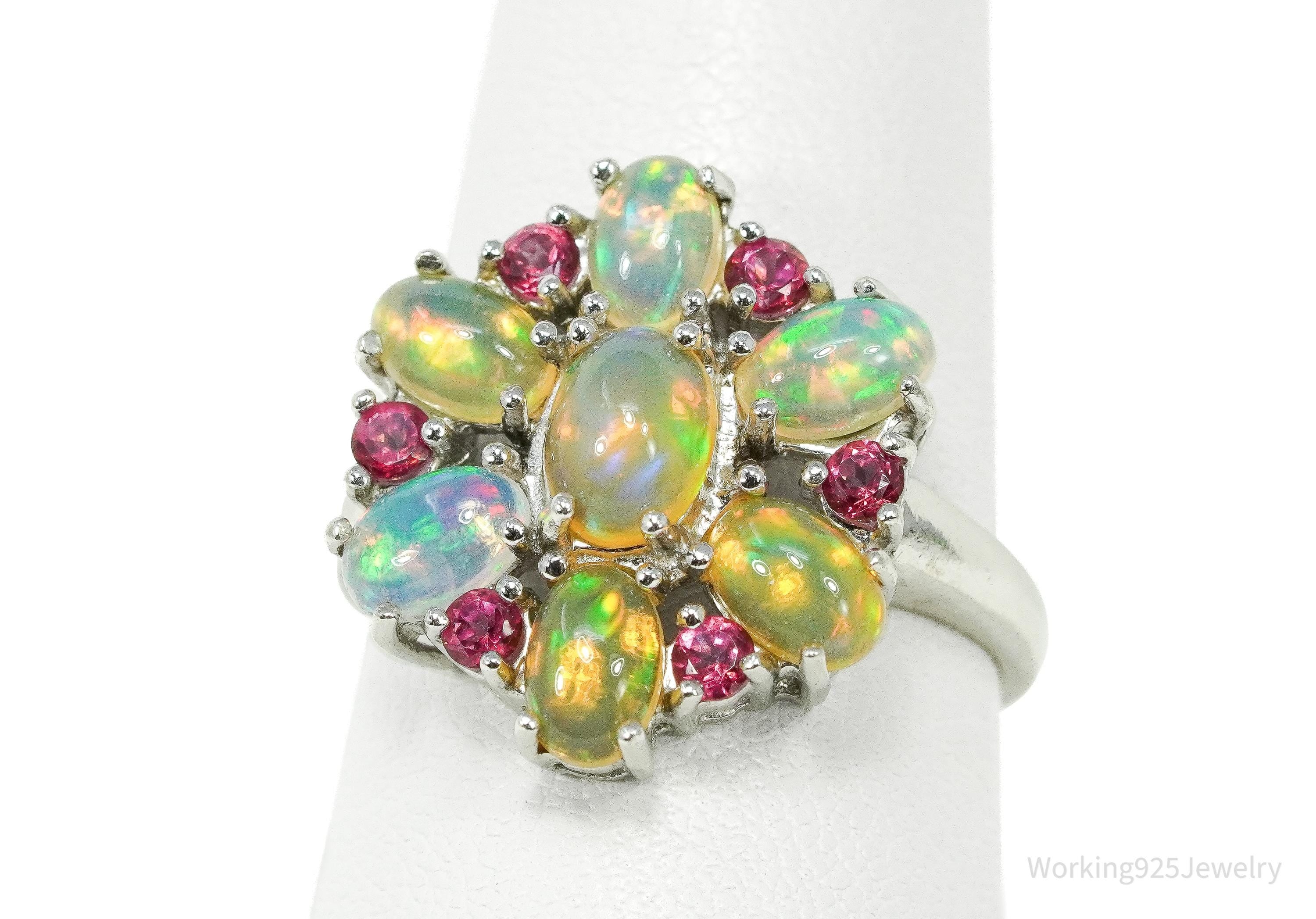 Vintage Opal & Pink Topaz Sterling Silver Ring - Size 9