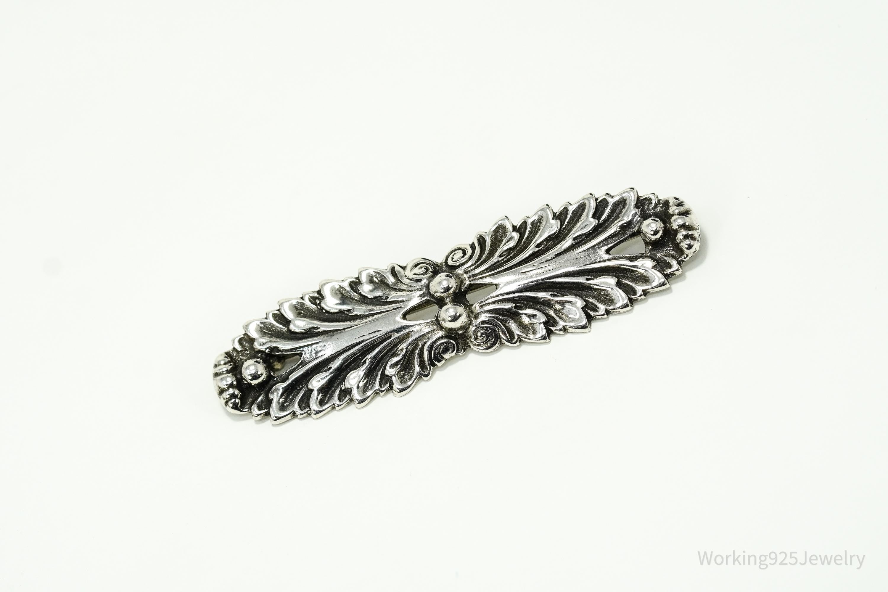 Large Vintage Mid Century Floral Sterling Silver Brooch Pin 3"