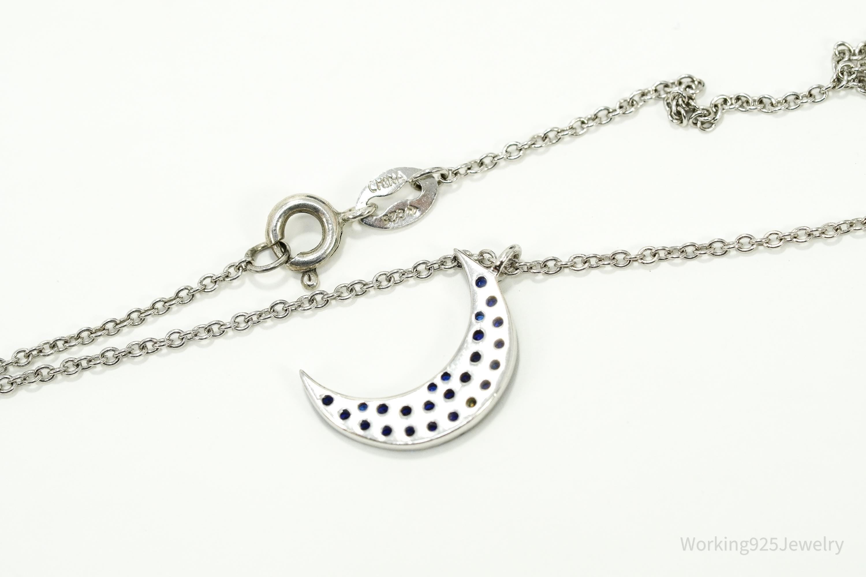 Vintage Blue Spinel Moon Sterling Silver Necklace 18"
