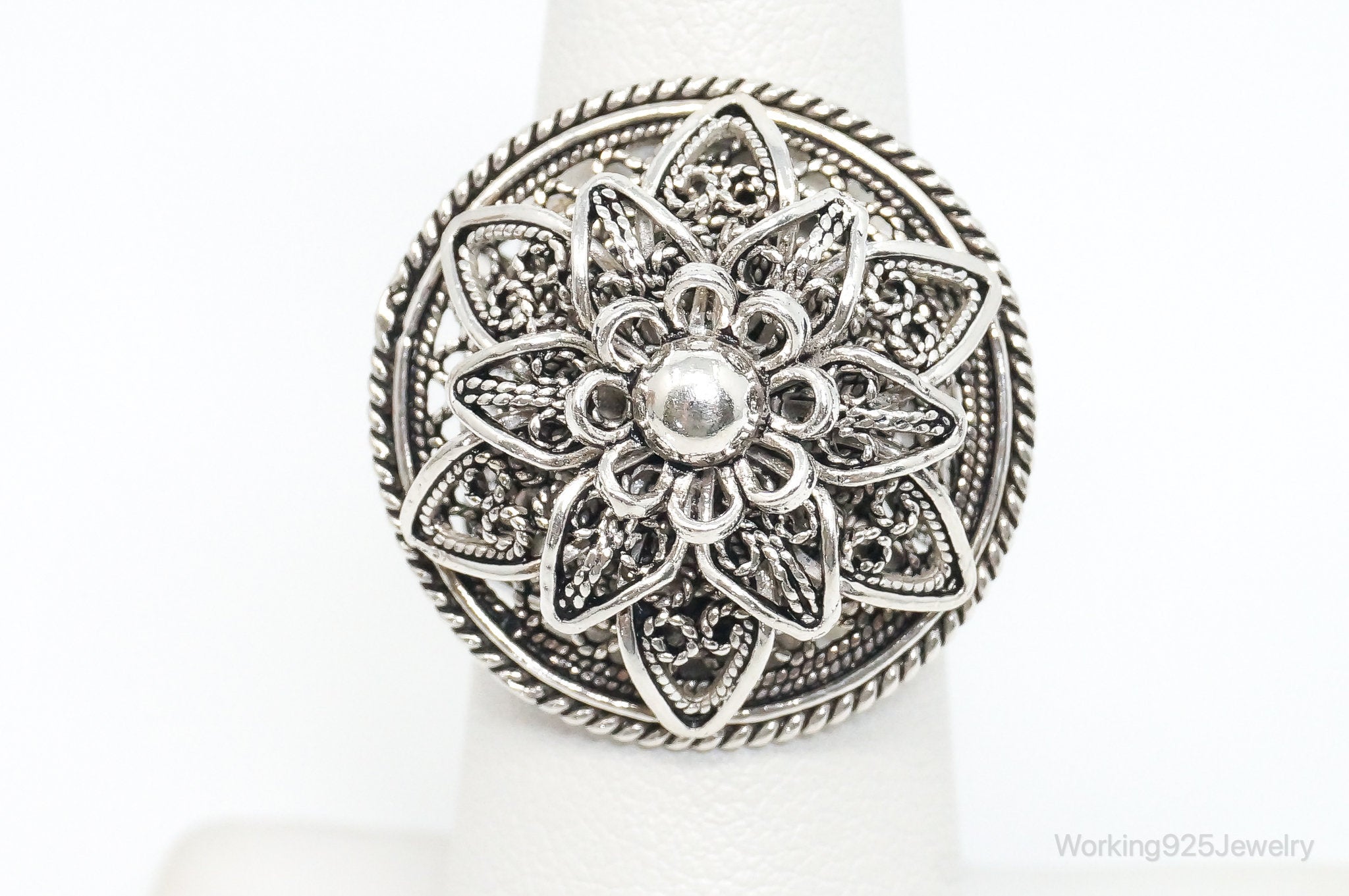 Vintage Turkey Designer DGS Flower Filigree Sterling Silver Ring - Size 6