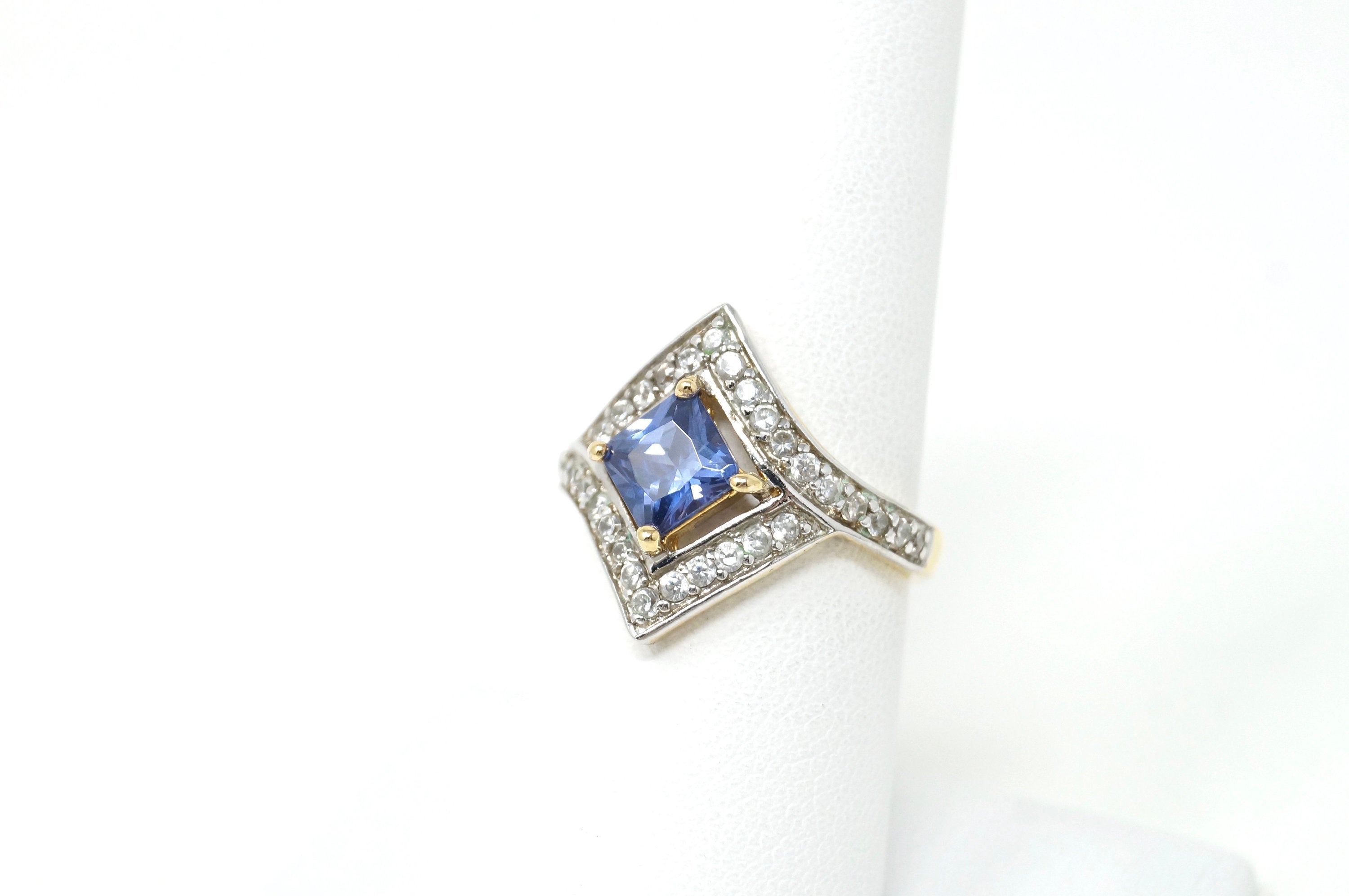 Vintage RP Blue Crystal Gold Wash Statement Sterling Silver Ring - Size 7