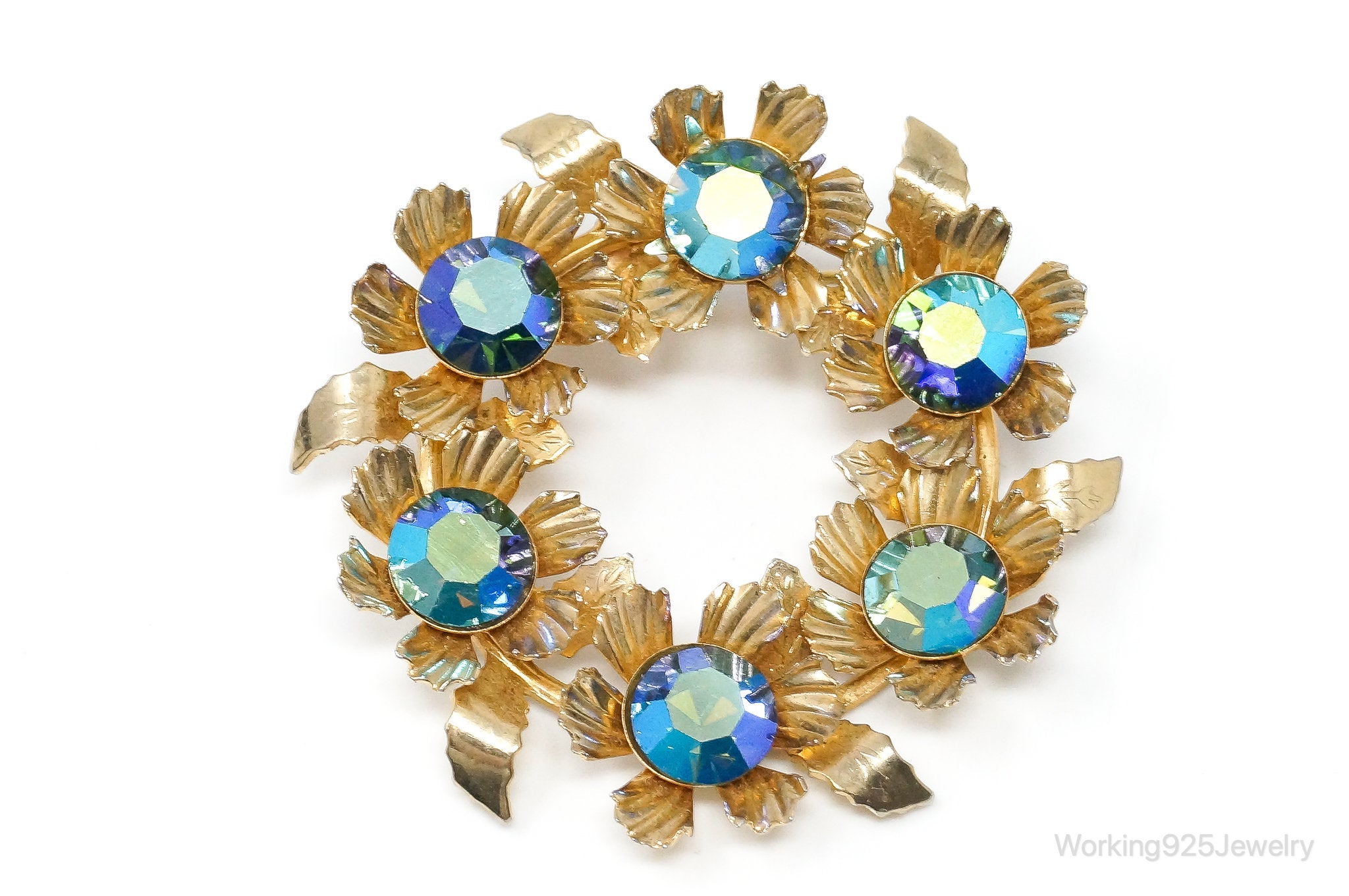 Vintage Rhinestone Gold Vermeil Sterling Silver Floral Wreath Brooch Pin