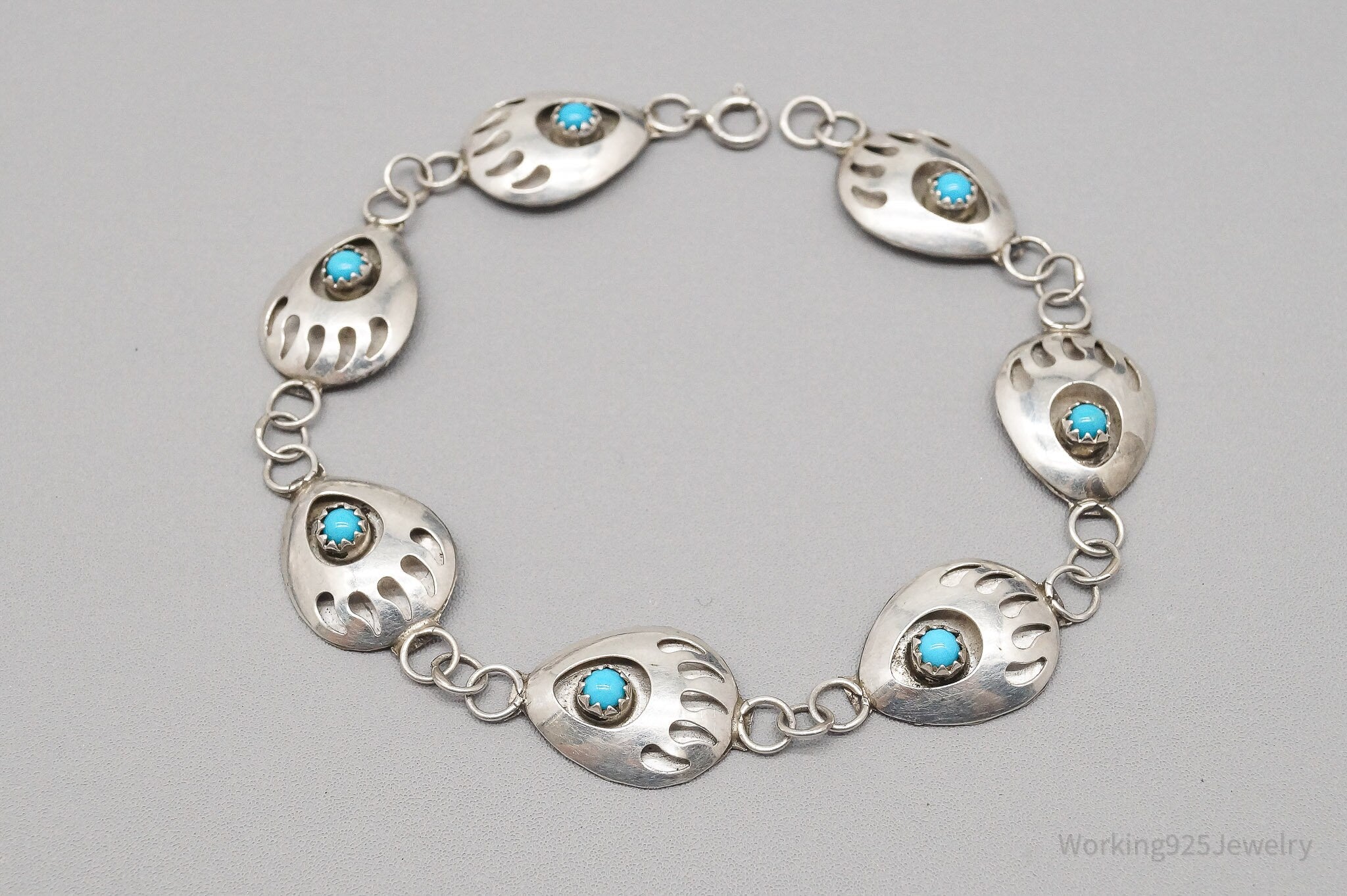 Vintage Native American Blue Turquoise Bear Paw Sterling Silver Bracelet