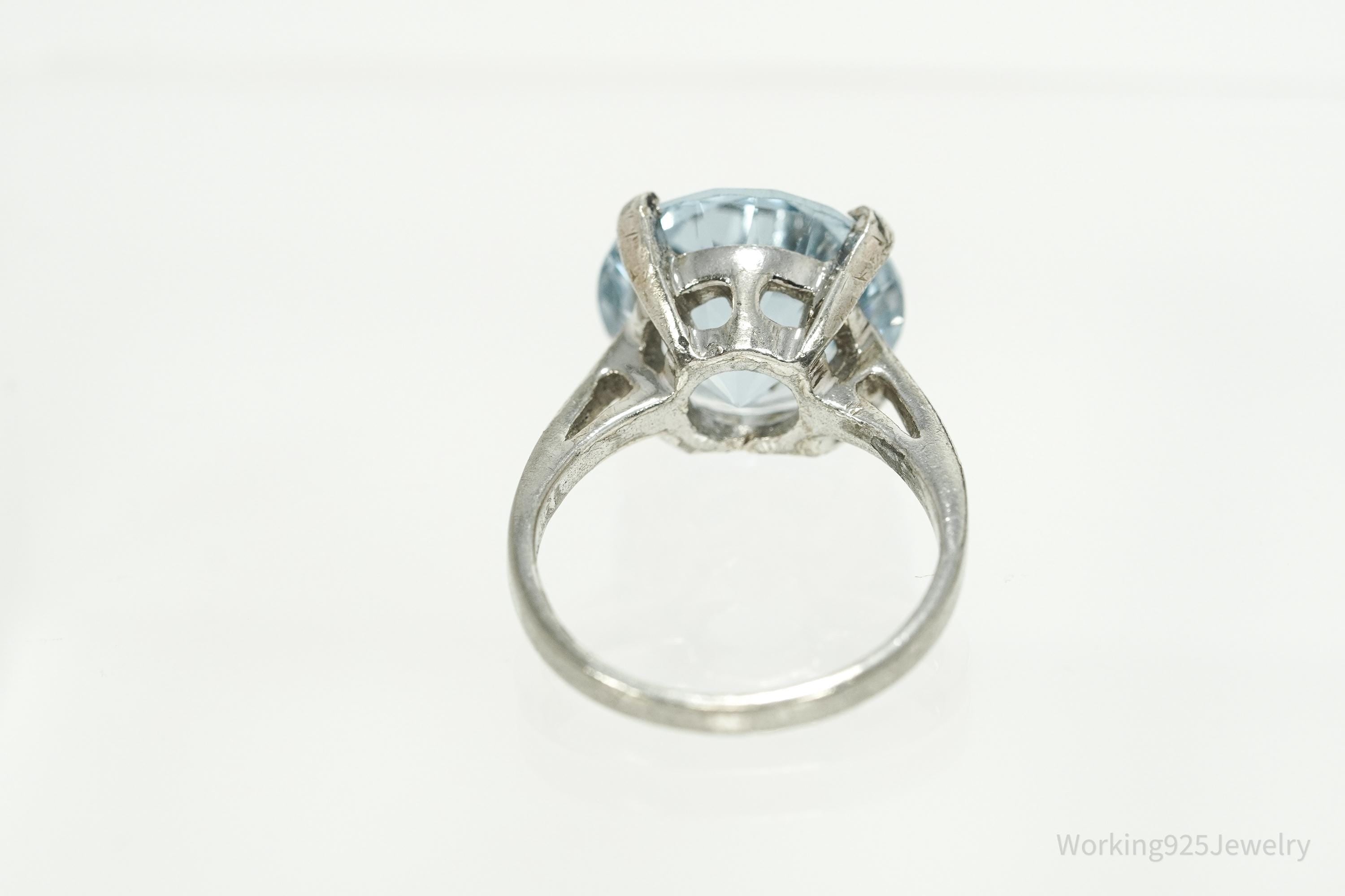 Vintage Large Light Blue Spinel Sterling Silver Rhodium Plated Ring - Size 7.25