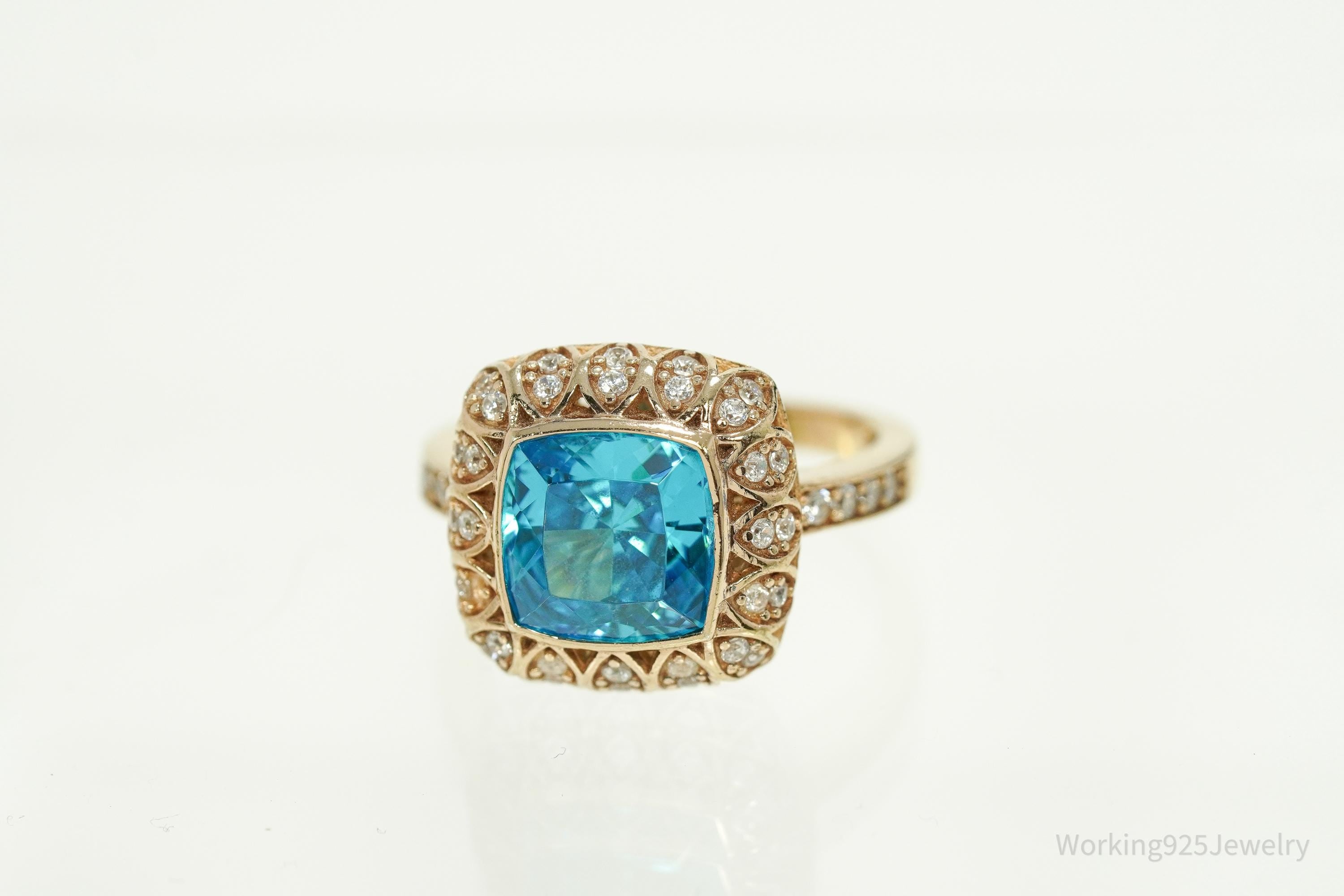 Vintage Blue Tourmaline & Cubic Zirconia Gold Vermeil Sterling Silver Ring - Size 7.25