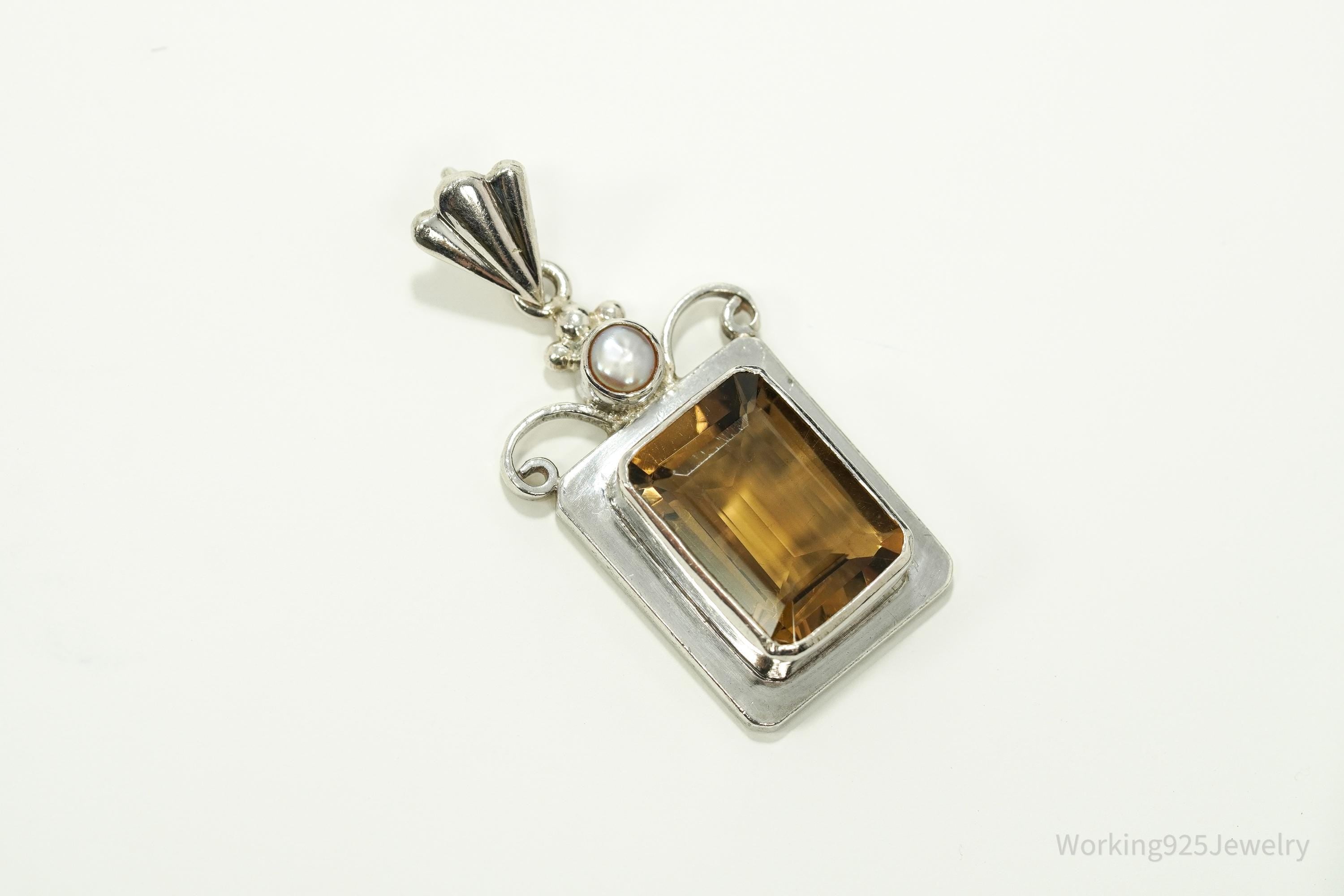 Vintage Large Smoky Topaz & Pearl Sterling Silver Pendant