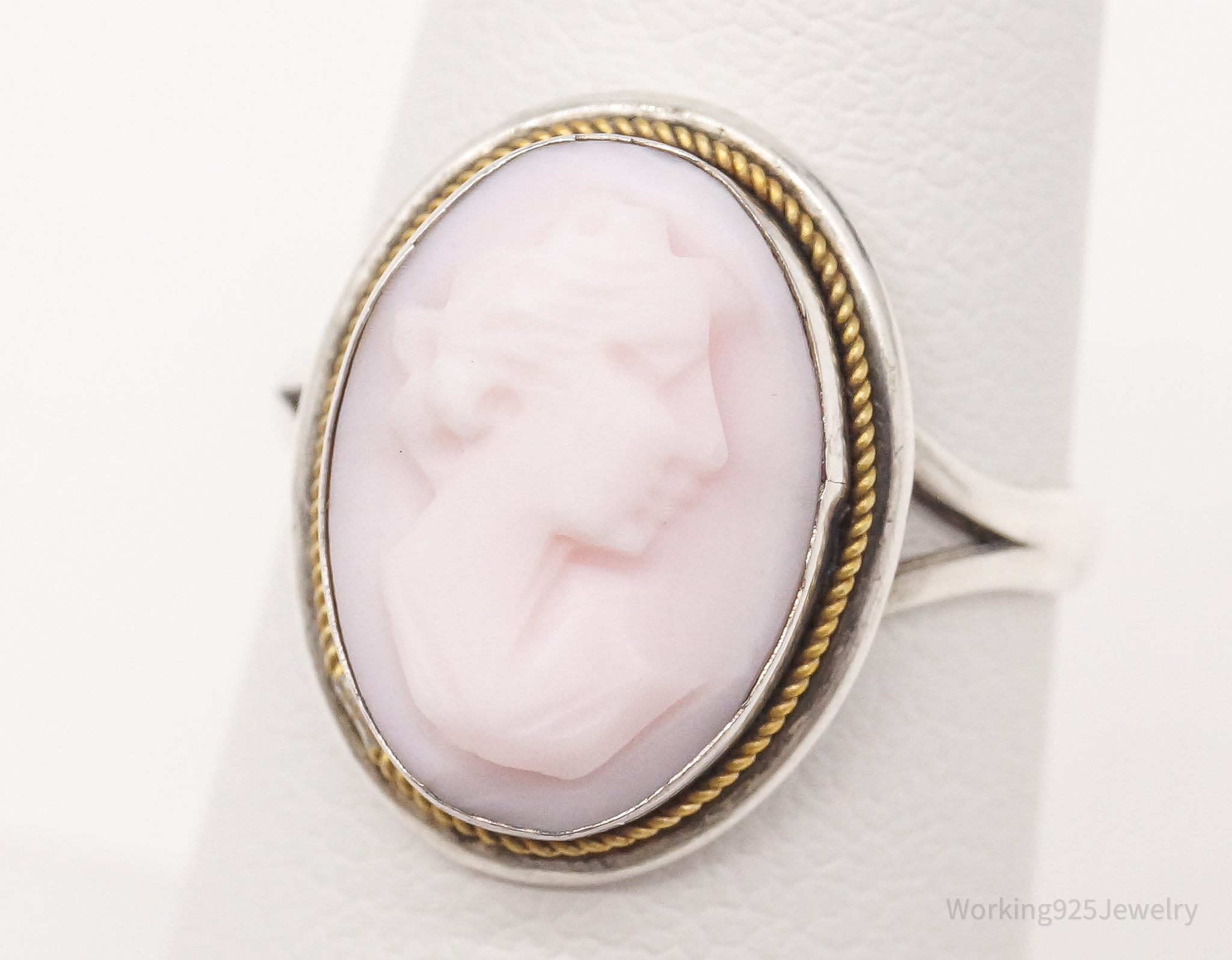 Antique Carved Shell Woman Cameo 800 Silver Ring - Size 6.25